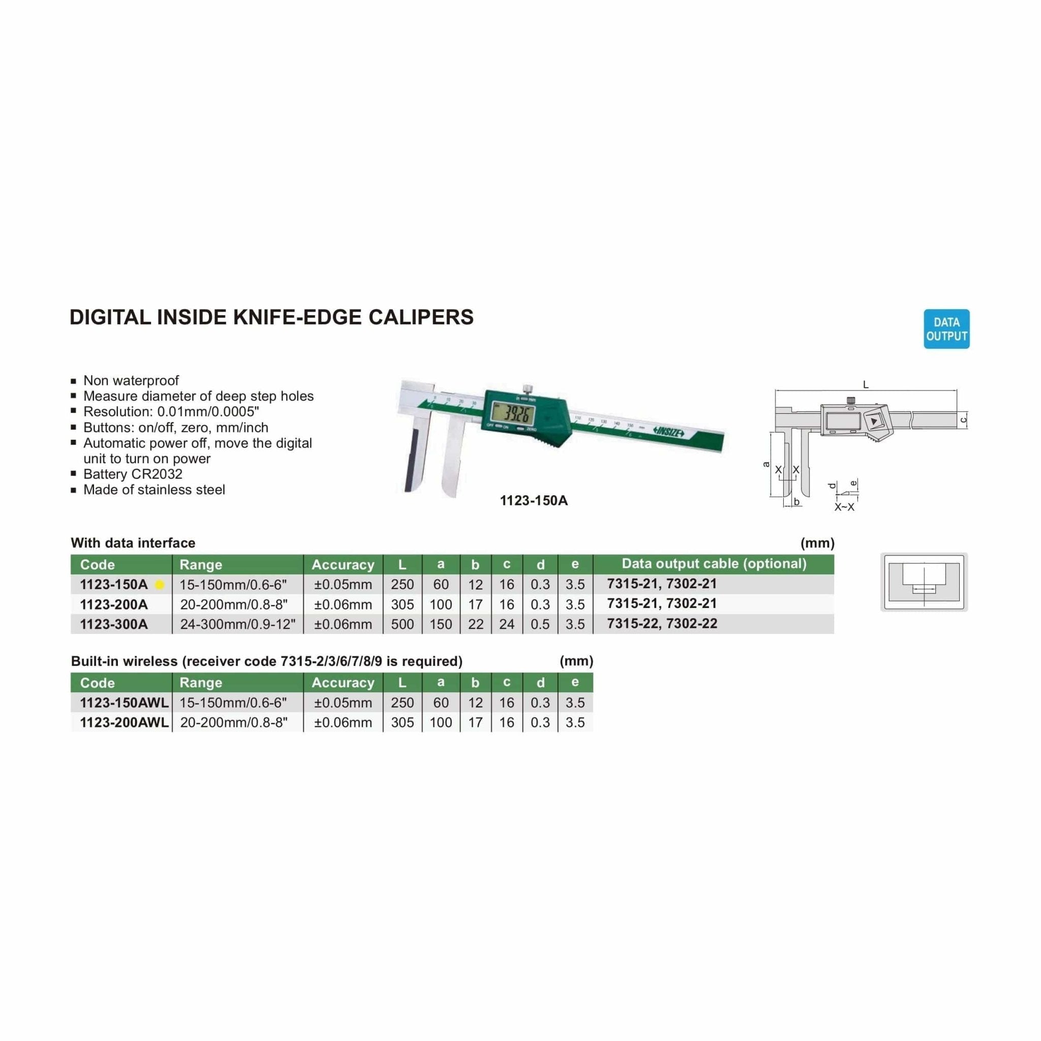 Insize Digital Knife Edge Caliper 15-150mm/0.6-6" Range Series 1123-150A - Twin Eagle Imports