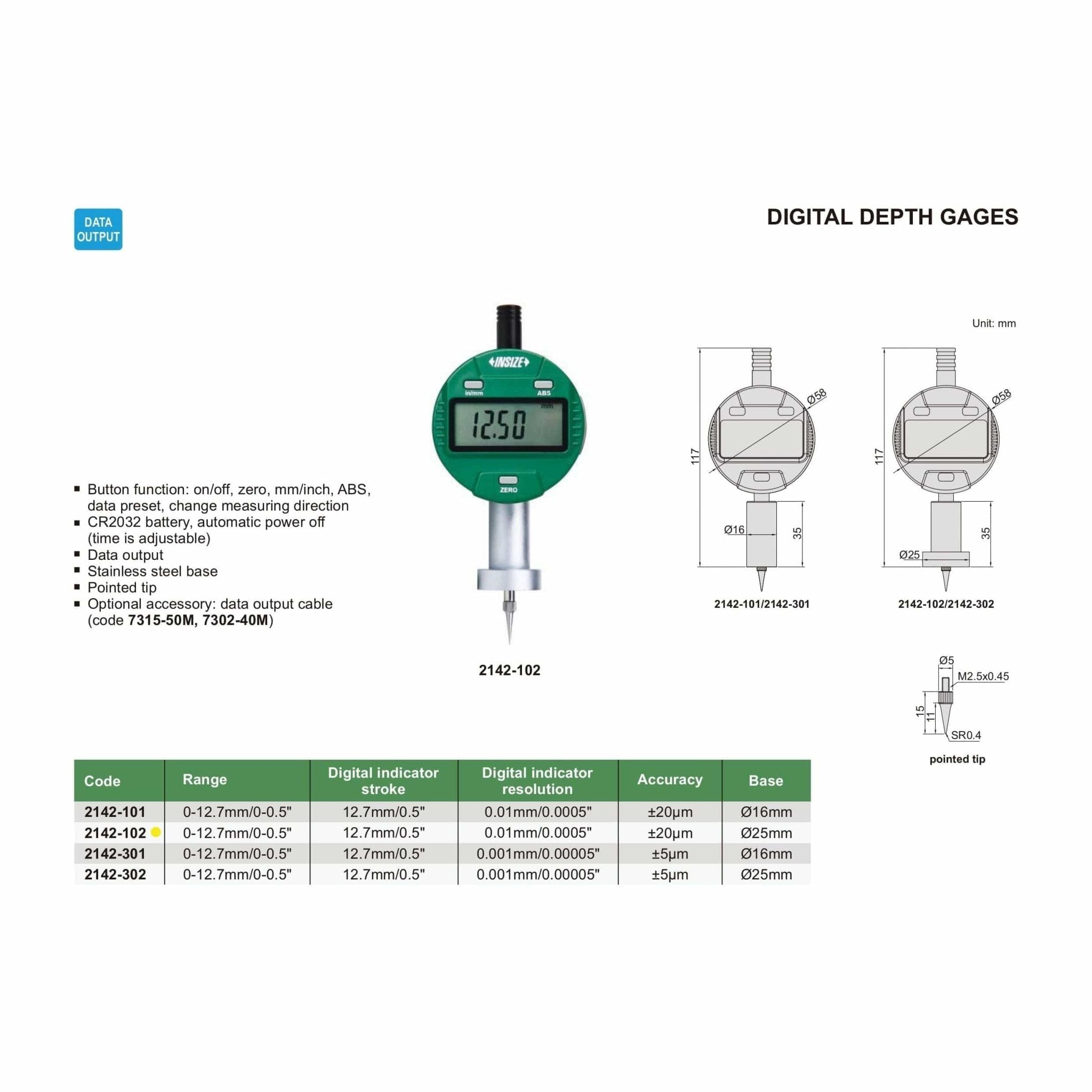 Insize Digital Mini Long Base Depth Gauge 0-12.7mm/0-0.5" Range Series 2142-102 - Twin Eagle Imports