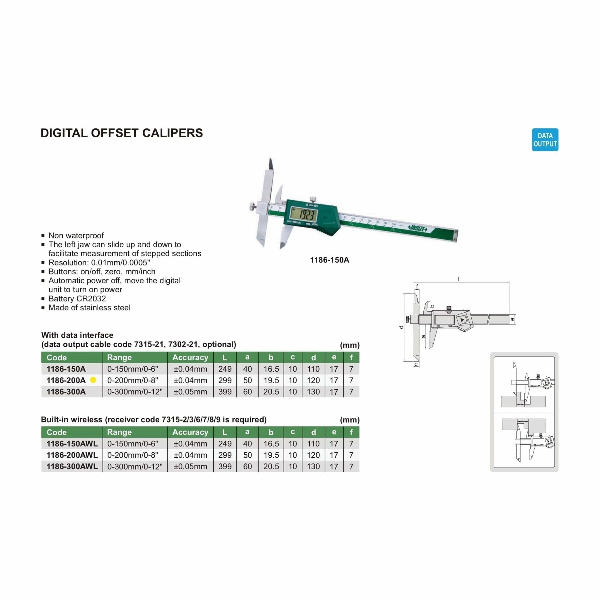 Insize Digital Offset Caliper 0-200mm/0-8" Range Series 1186-200A - Twin Eagle Imports