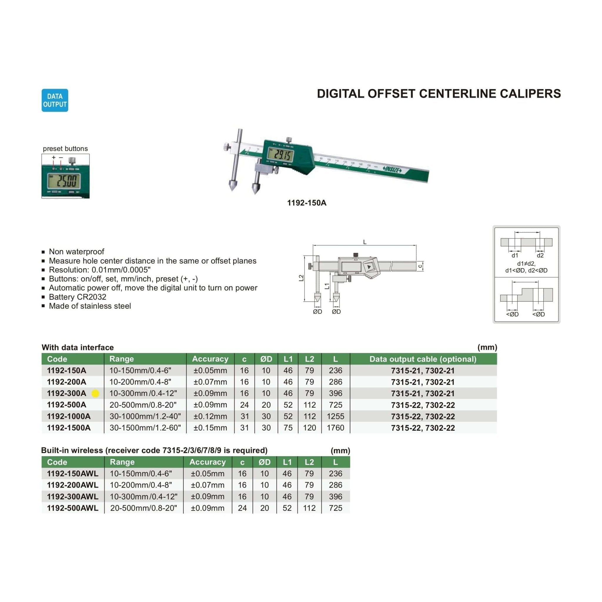 Insize Digital Offset Caliper 10-300mm Range Series 1192-300A - Twin Eagle Imports