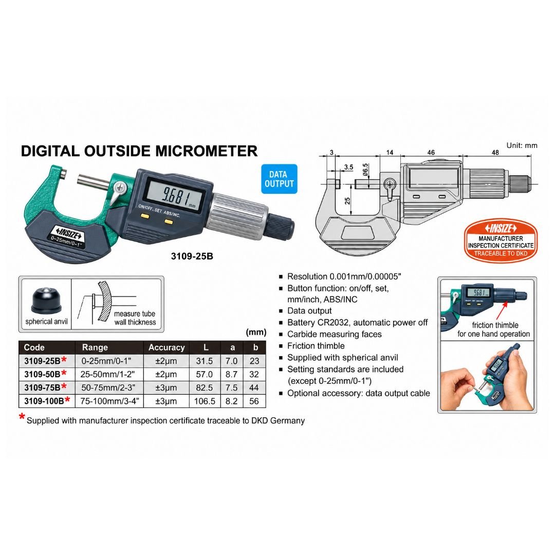Insize Digital Outside Micrometer 75-100mm/3-4" Range Series 3109-100A - Twin Eagle Imports