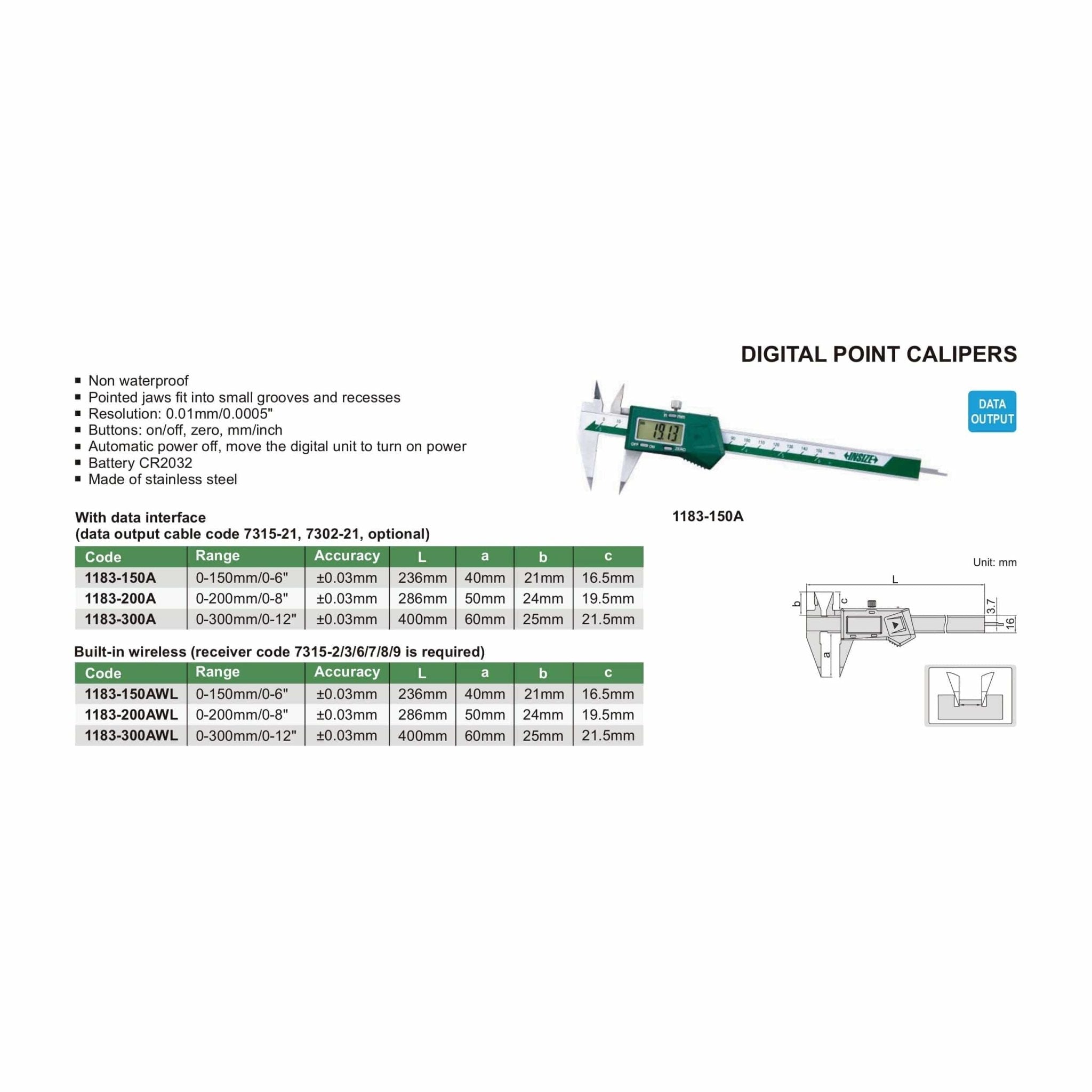 Insize Digital Point Caliper 0-150mm/0-6" Range Series 1183-150A - Twin Eagle Imports
