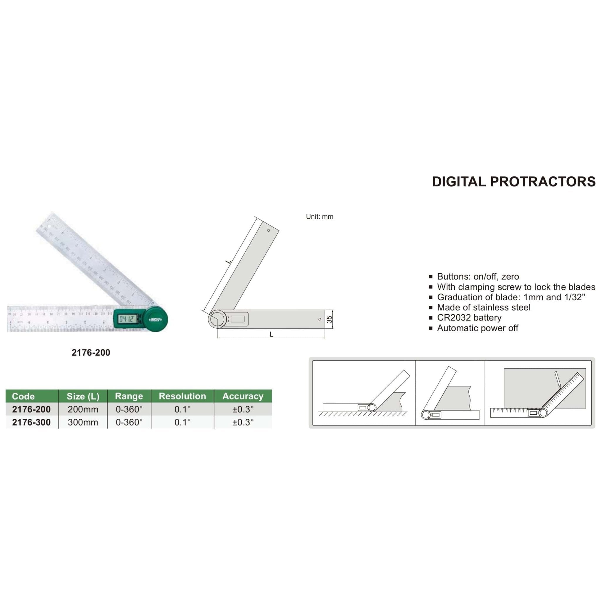 Insize Digital Protractor 200mm 0-360° Range Series 2176-200 - Twin Eagle Imports