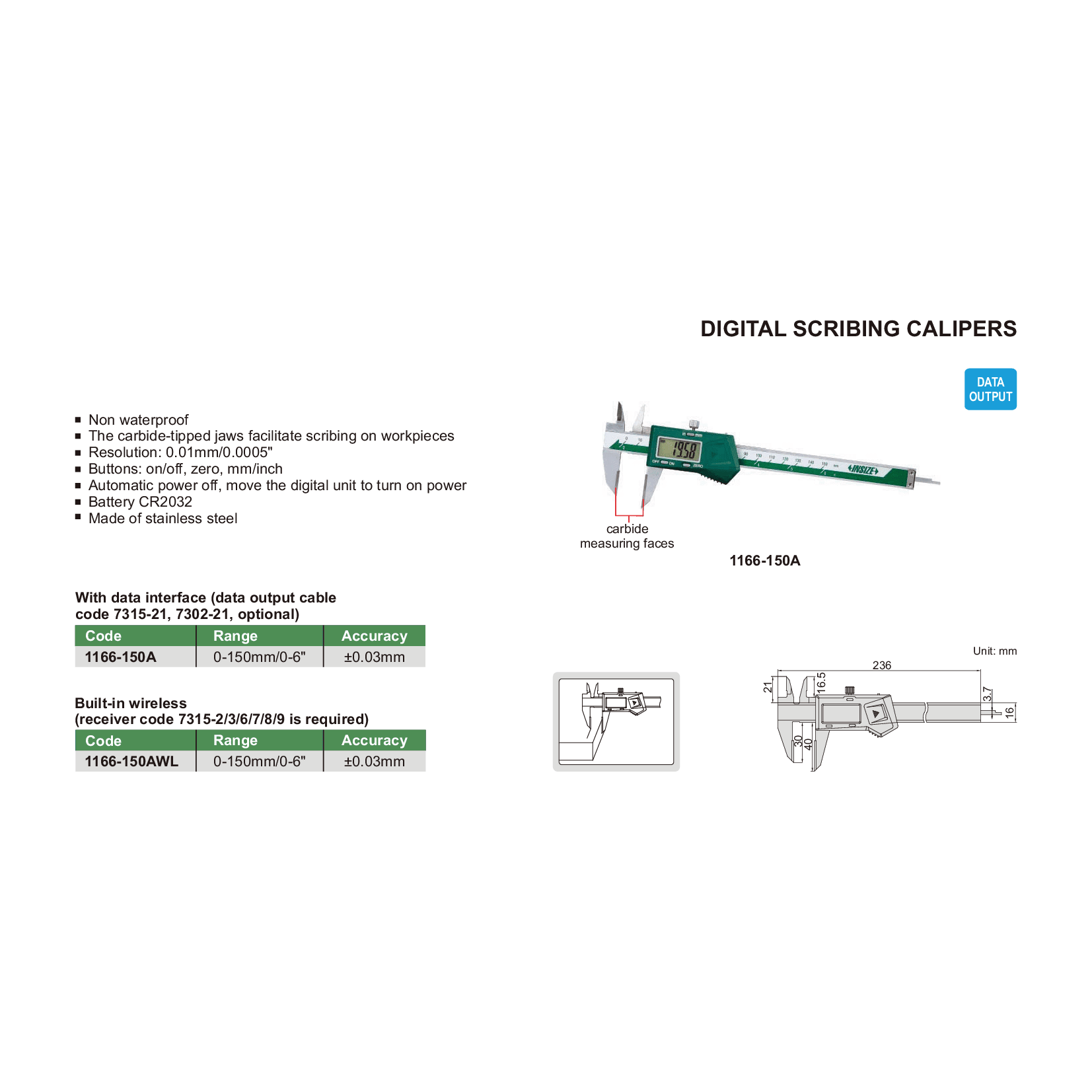 Insize Digital Scribing Caliper 0-150mm/0-6" Range Series 1166-150A - Twin Eagle Imports