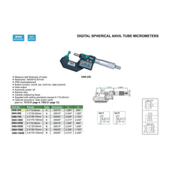 Insize Digital Spherical Anvil Tube Micrometer 0-25mm/0-1" Range Series 3560-25E - Twin Eagle Imports