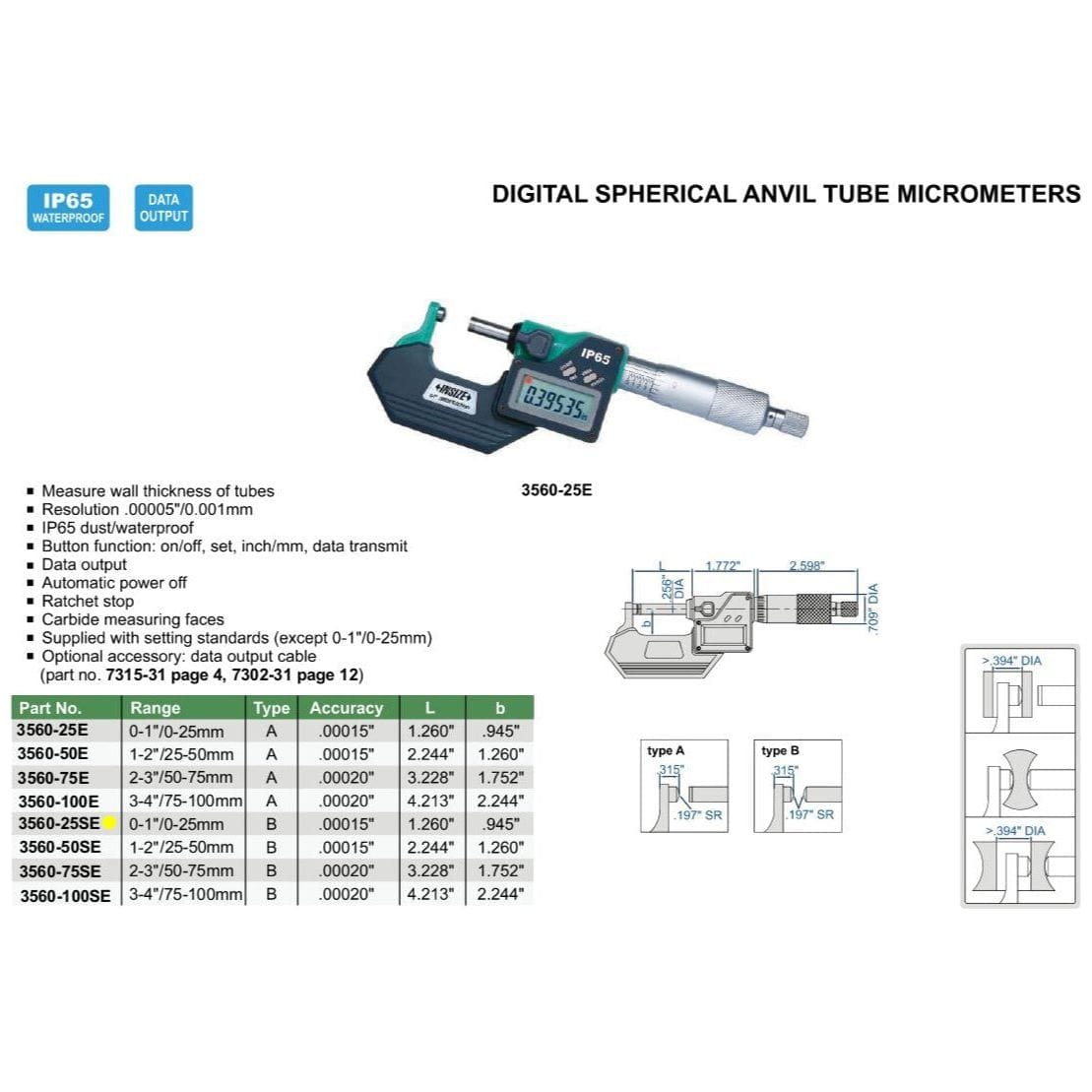 Insize Digital Spherical Anvil Tube Micrometer 0-25mm/0-1" Range Series 3560-25SE - Twin Eagle Imports