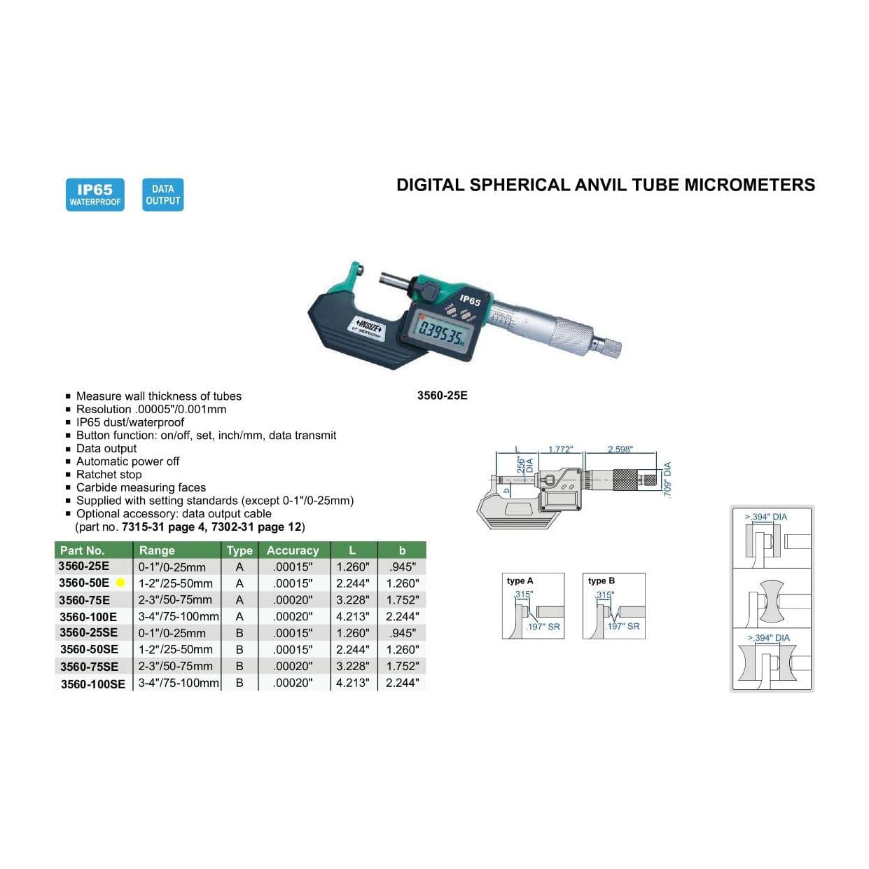 Insize Digital Spherical Anvil Tube Micrometer 25-50mm/1-2" Range Series 3560-50E - Twin Eagle Imports
