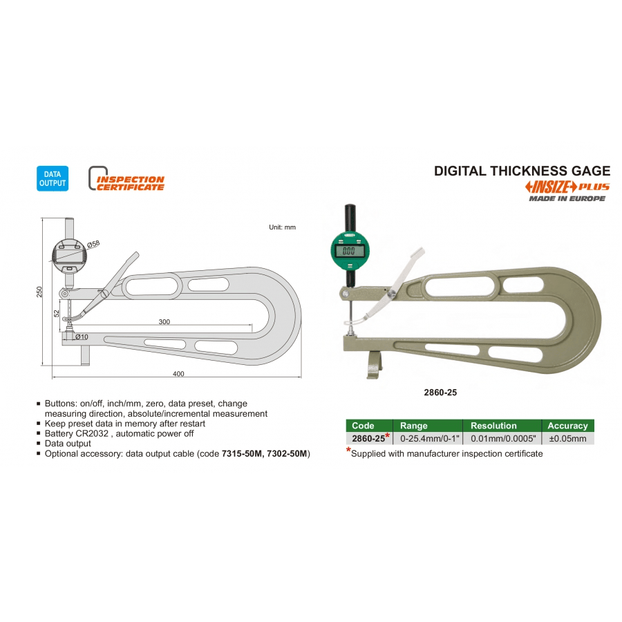 Insize Digital Thickness Gauge 0–25 mm Range Series 2860-25 - Twin Eagle Imports