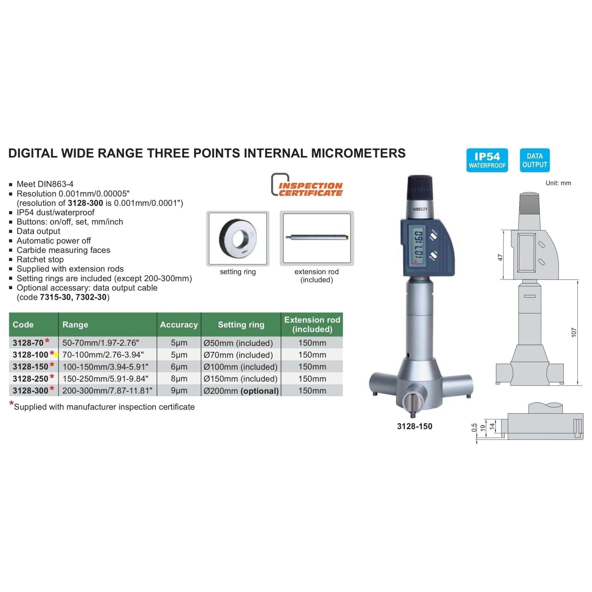 Insize Digital Three Points Micrometer Set 70-100mm/ 2.76-3.94" Range Series 3128-100 - Twin Eagle Imports