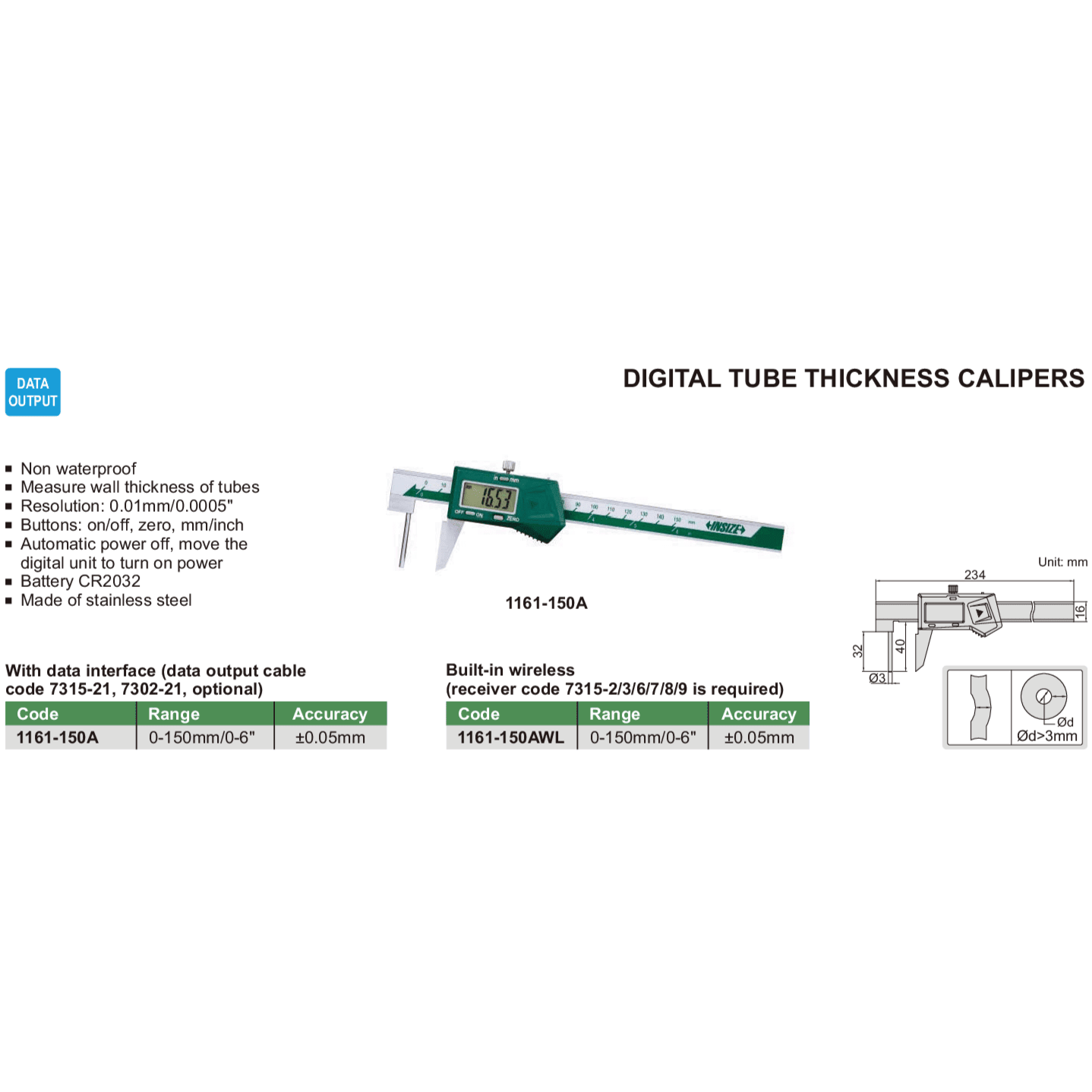 Insize Digital Tube Thickness Caliper 0-150mm/0-6" Range Series 1161-150A - Twin Eagle Imports