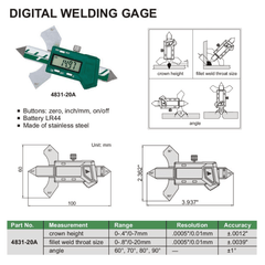 Insize Digital Welding Gauge Series 4831-20A - Twin Eagle Imports