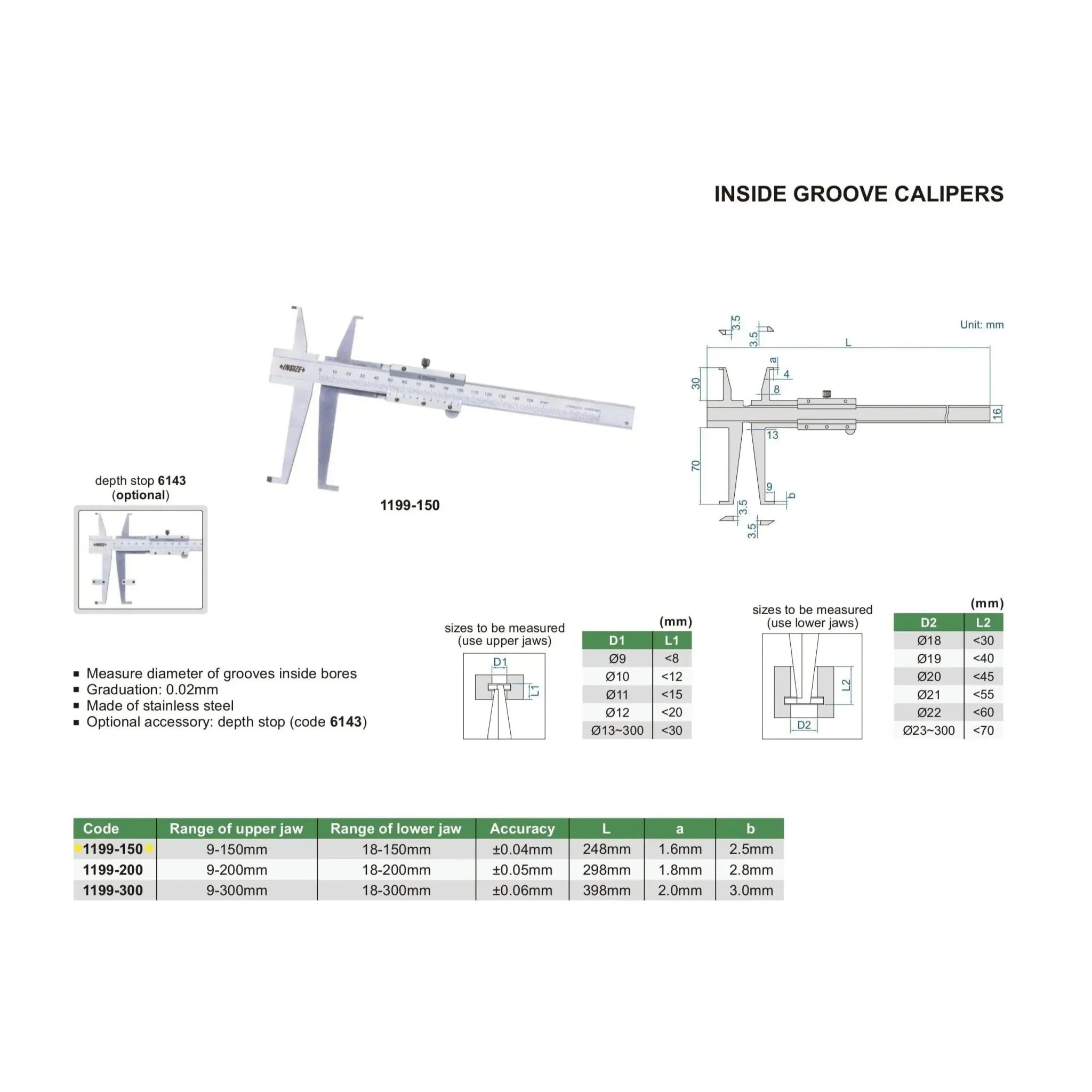 Insize Groove Caliper 11-150mm Range Series 1199-150 - Twin Eagle Imports
