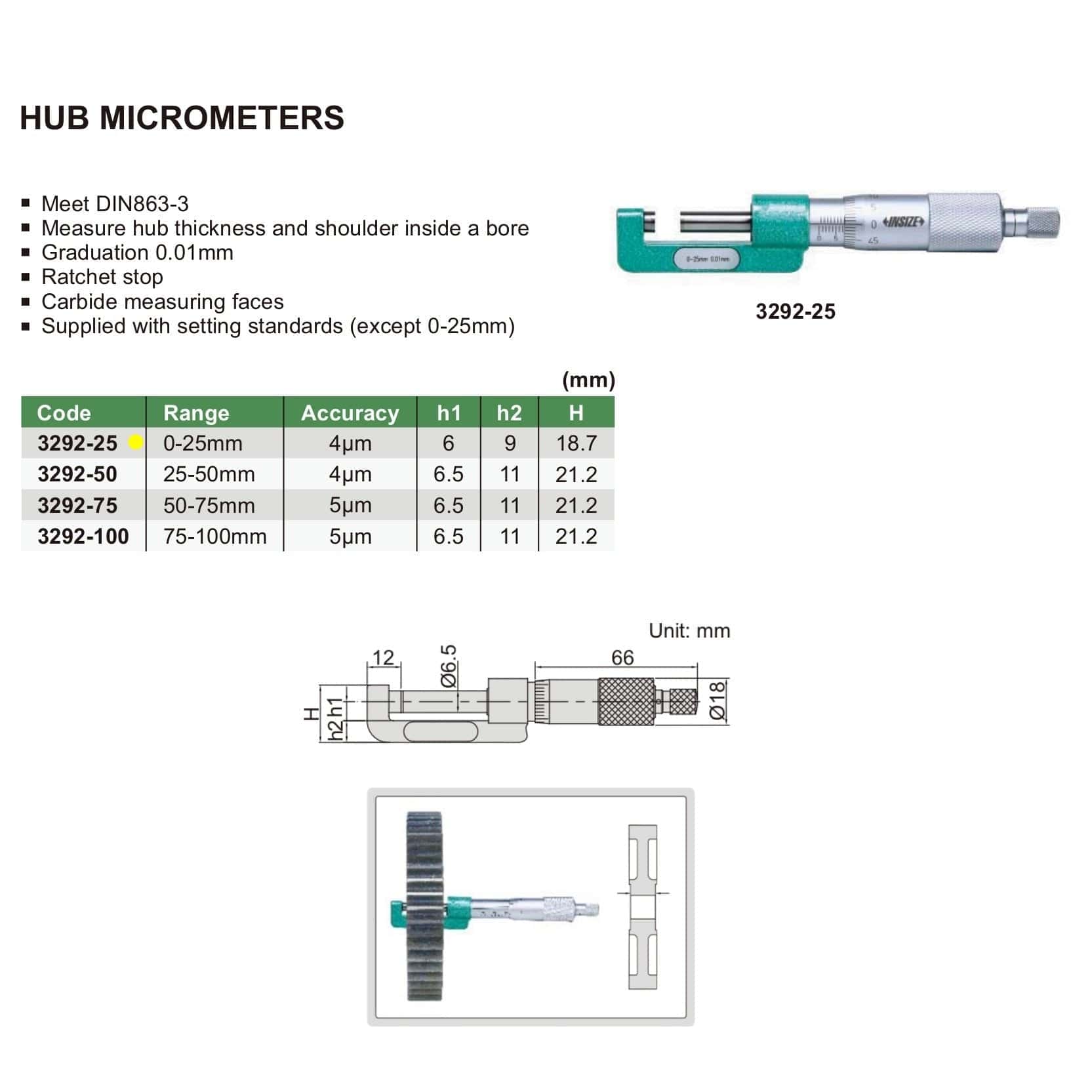 Insize Hub Micrometer 0-25mm Range Series 3292-25 - Twin Eagle Imports