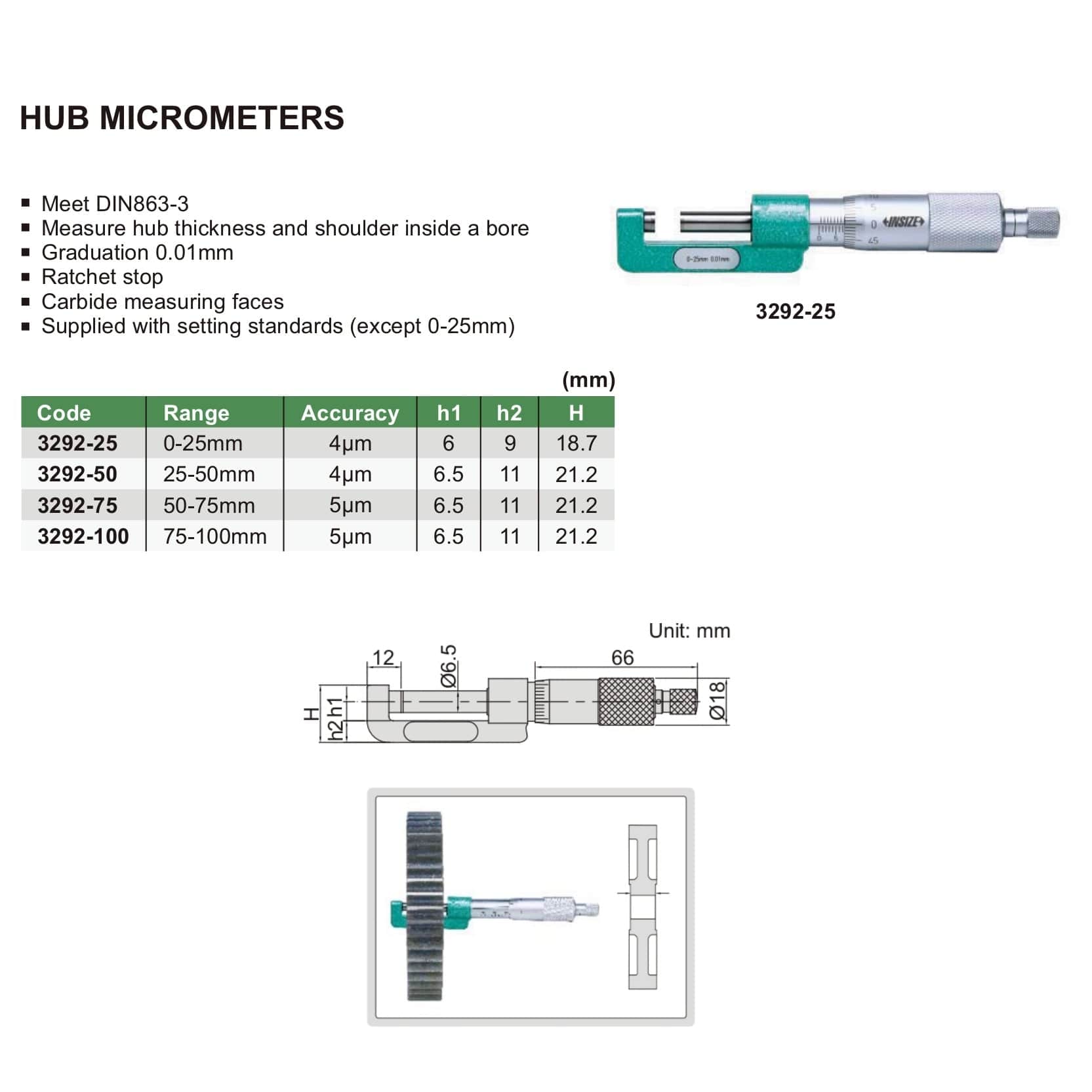 Insize Hub Micrometer 50-75mm Range Series 3292-75 - Twin Eagle Imports