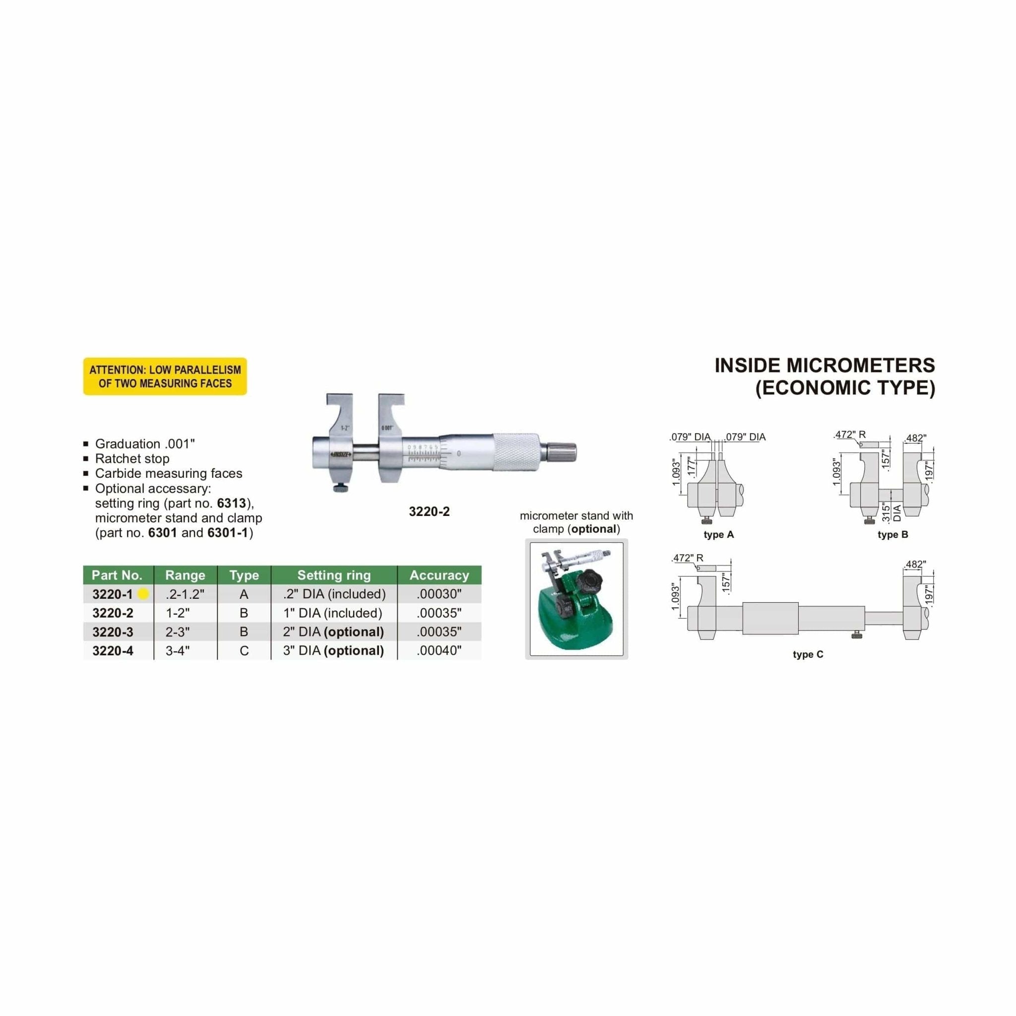 Insize Imperial Inside Micrometer 0.2-1.2" Range Series 3220-1 - Twin Eagle Imports