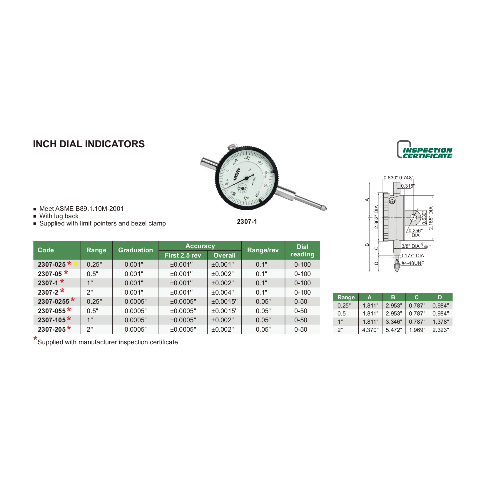 Insize Imperial Lug Back Dial Indicator 0.25" Range Series 2307-025 - Twin Eagle Imports