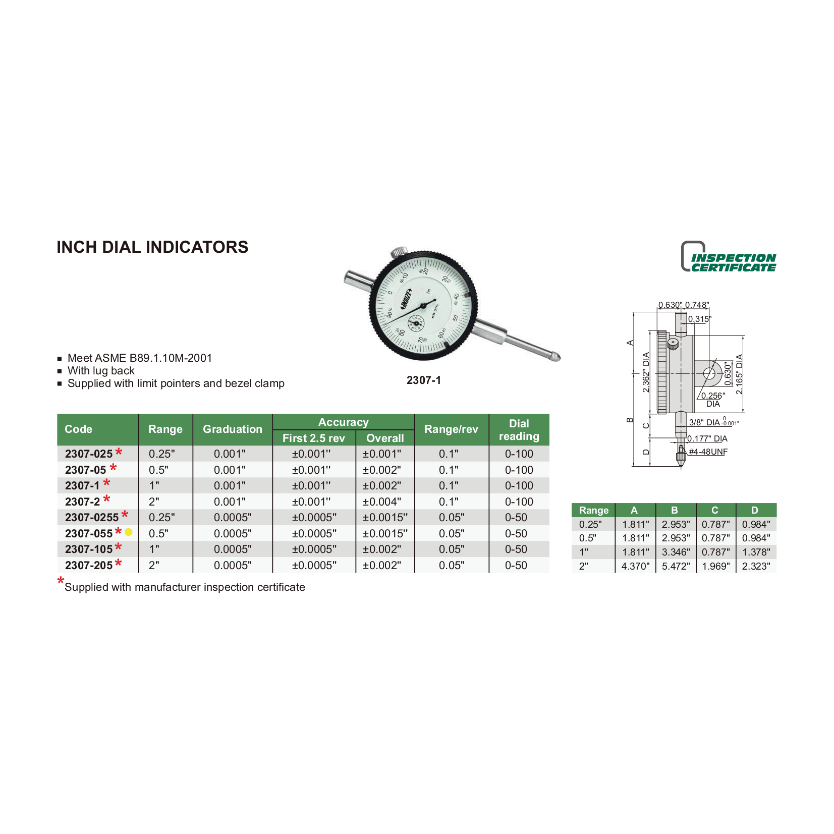 Insize Imperial Lug Back Dial Indicator 0.5" Range Series 2307-055 - Twin Eagle Imports