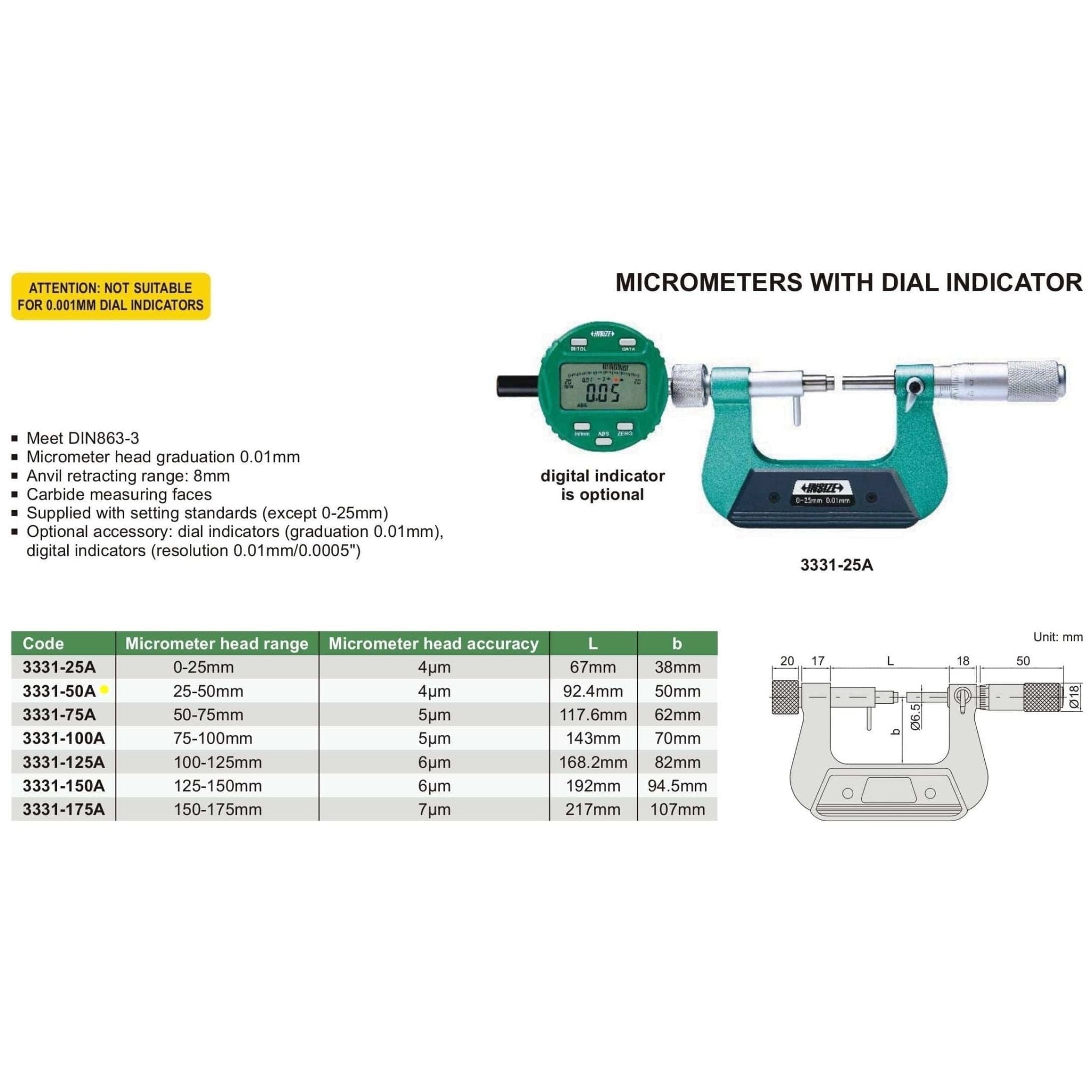 Insize Indicating Micrometer 25-50mm Range Series 3331-50A - Twin Eagle Imports