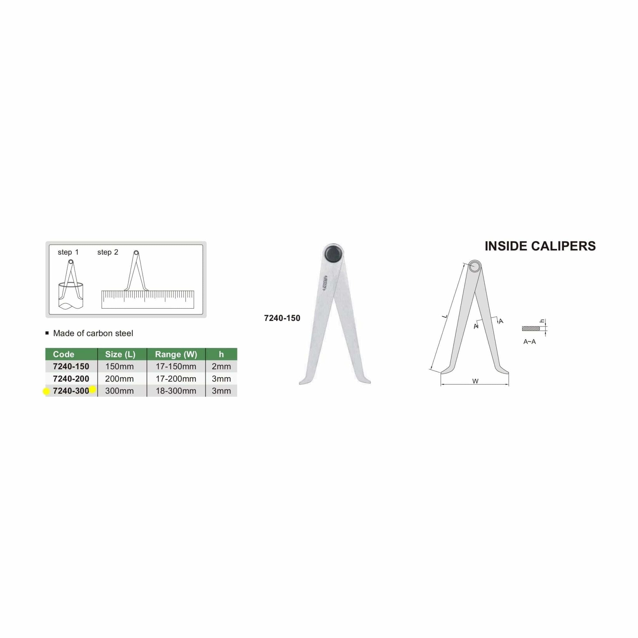 Insize Inside Caliper 0-300mm Range Series 7240-300 - Twin Eagle Imports