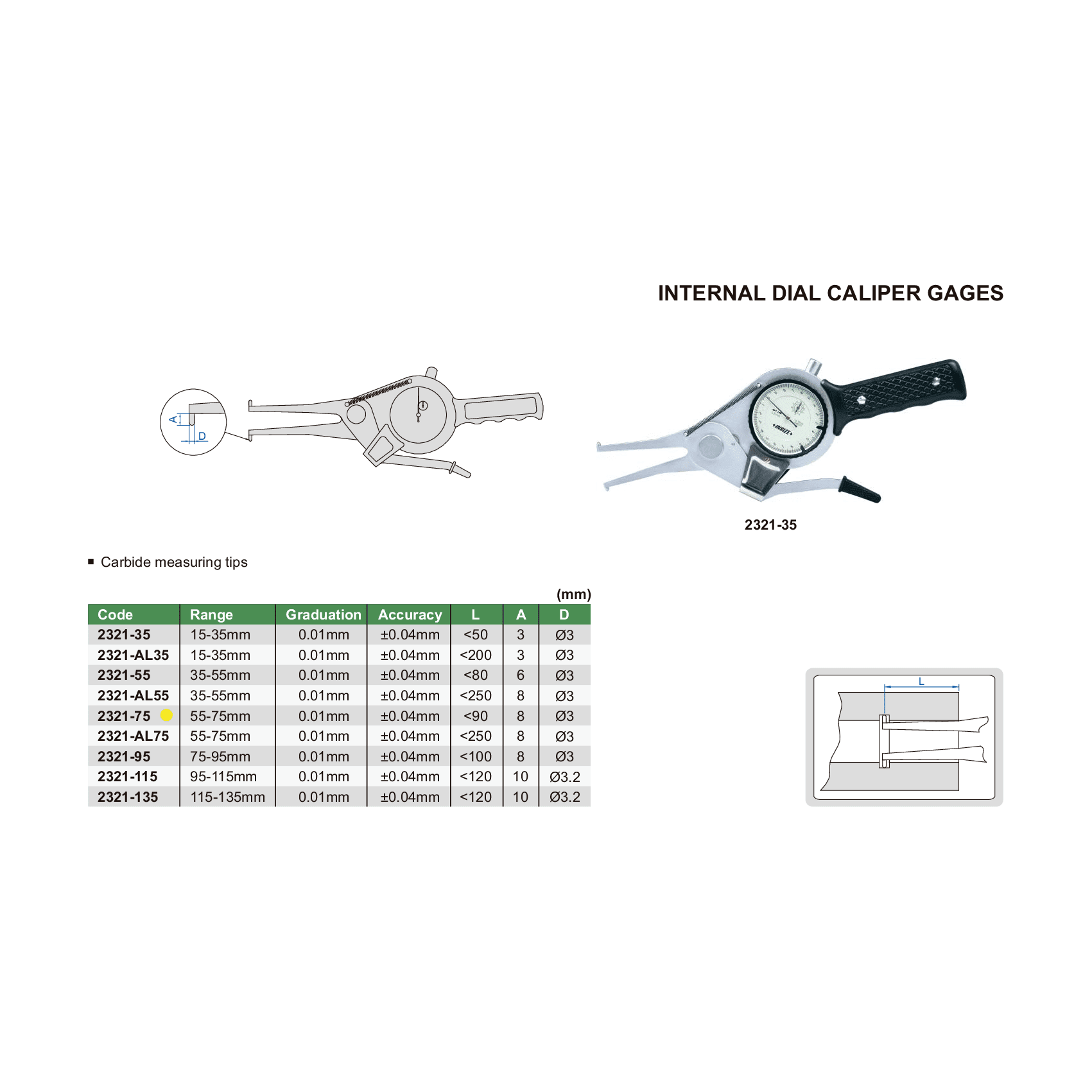 Insize Internal Dial Caliper Gauge 55-75mm Range Series 2321-75 - Twin Eagle Imports