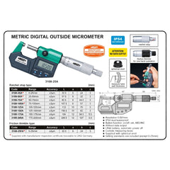 Insize IP65 Digital Outside Micrometer 0-25mm / 0-1" Range Series 3108-25A - Twin Eagle Imports