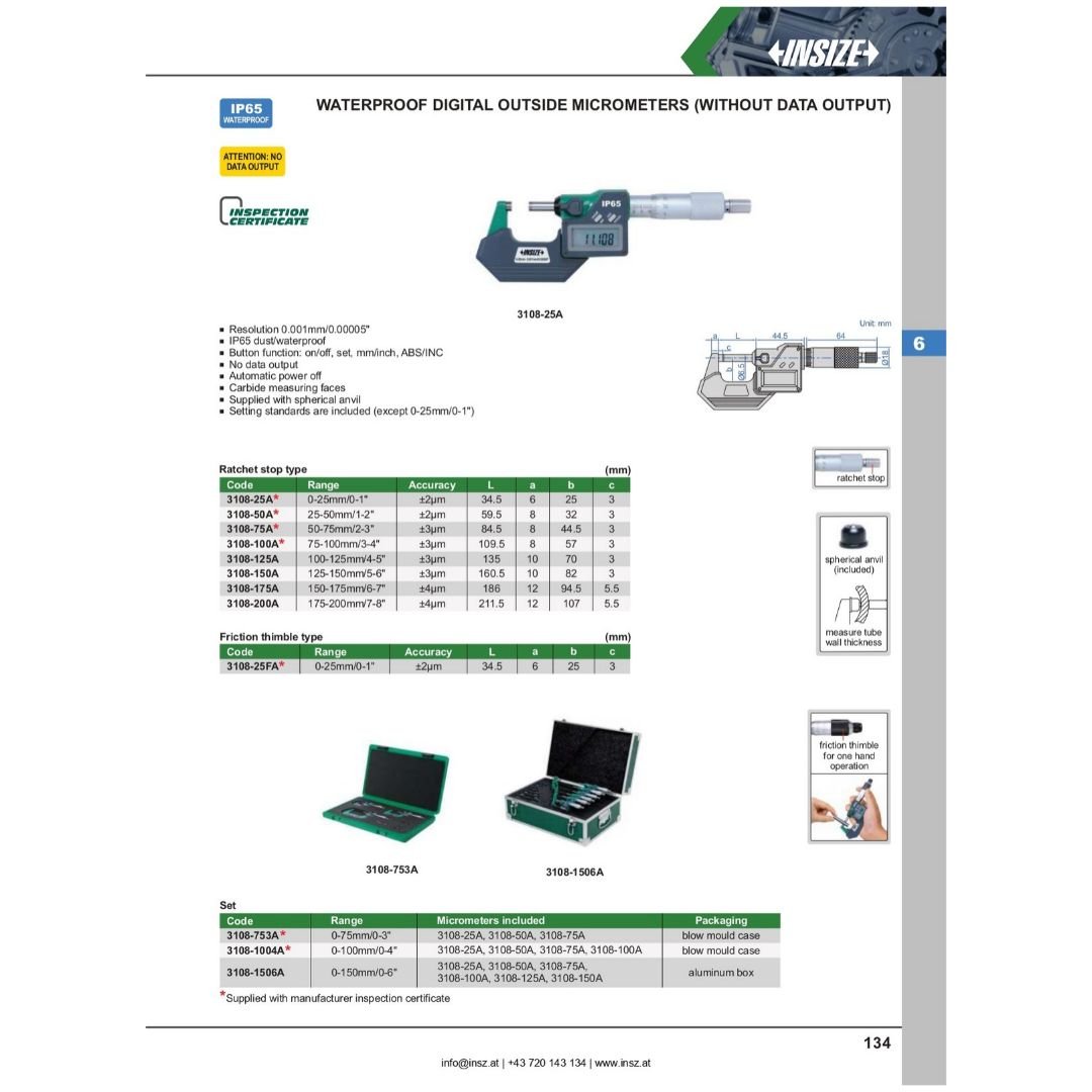 Insize IP65 Digital Outside Micrometer 50-75mm / 2-3" Range Series 3108-75A - Twin Eagle Imports