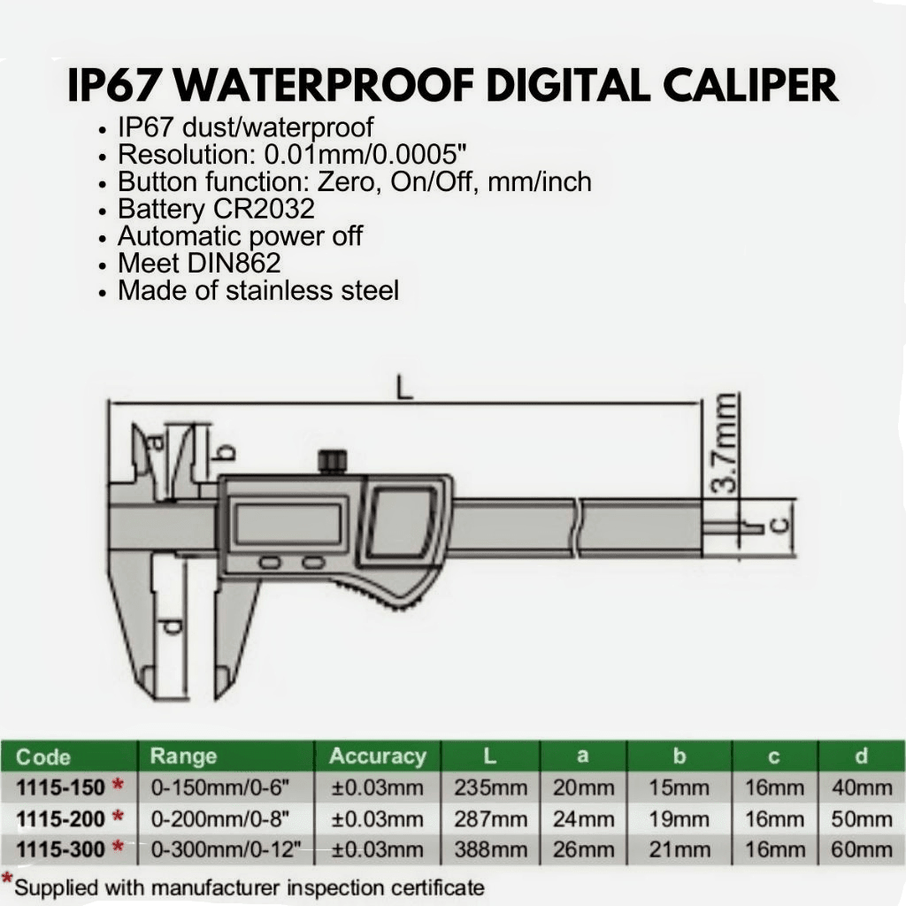 Insize IP67 Waterproof Digital Caliper 0–200 mm / 0–8″ Series 1115-200 - Twin Eagle Imports