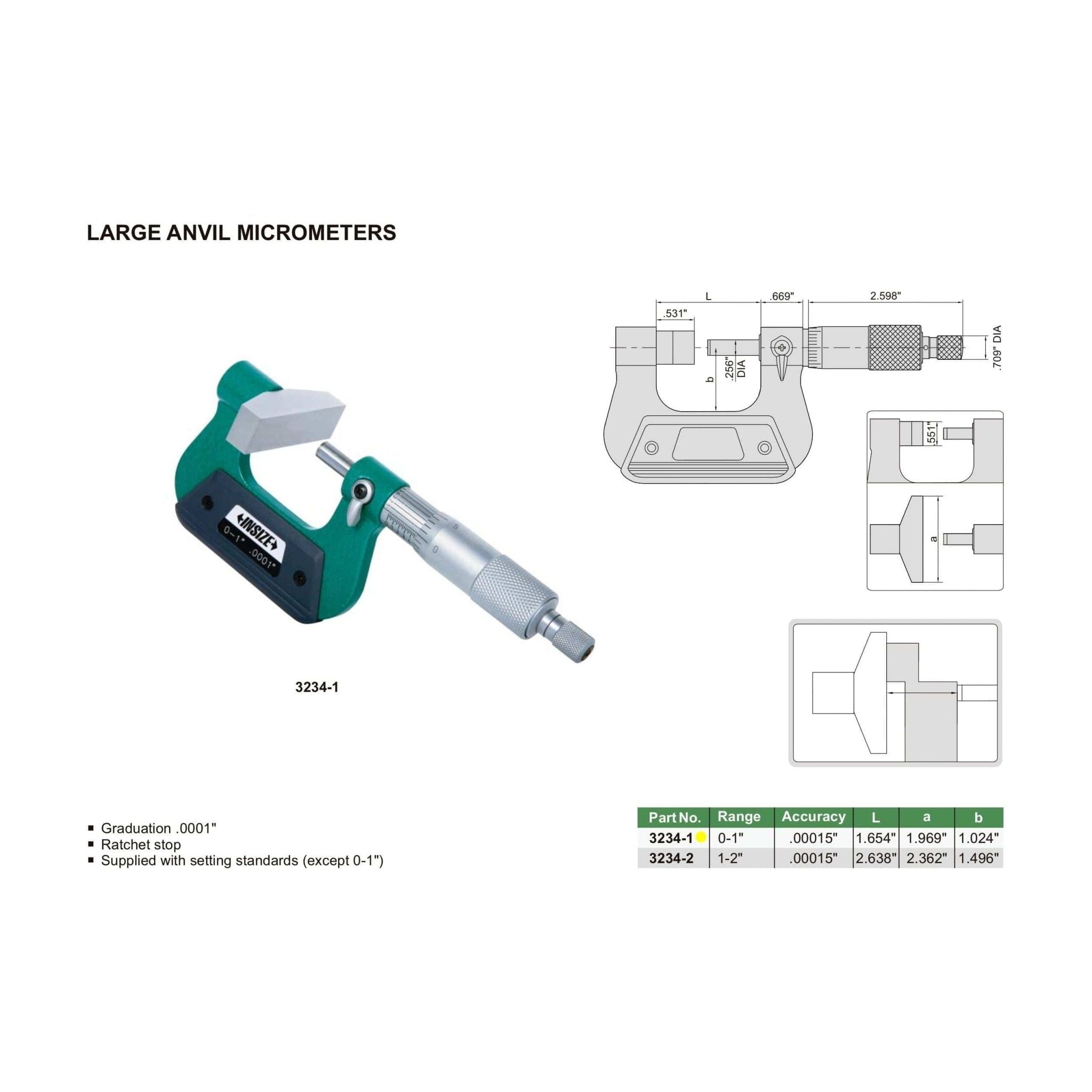 Insize Large Anvil Micrometer 0-1" Range Series 3234-1 - Twin Eagle Imports