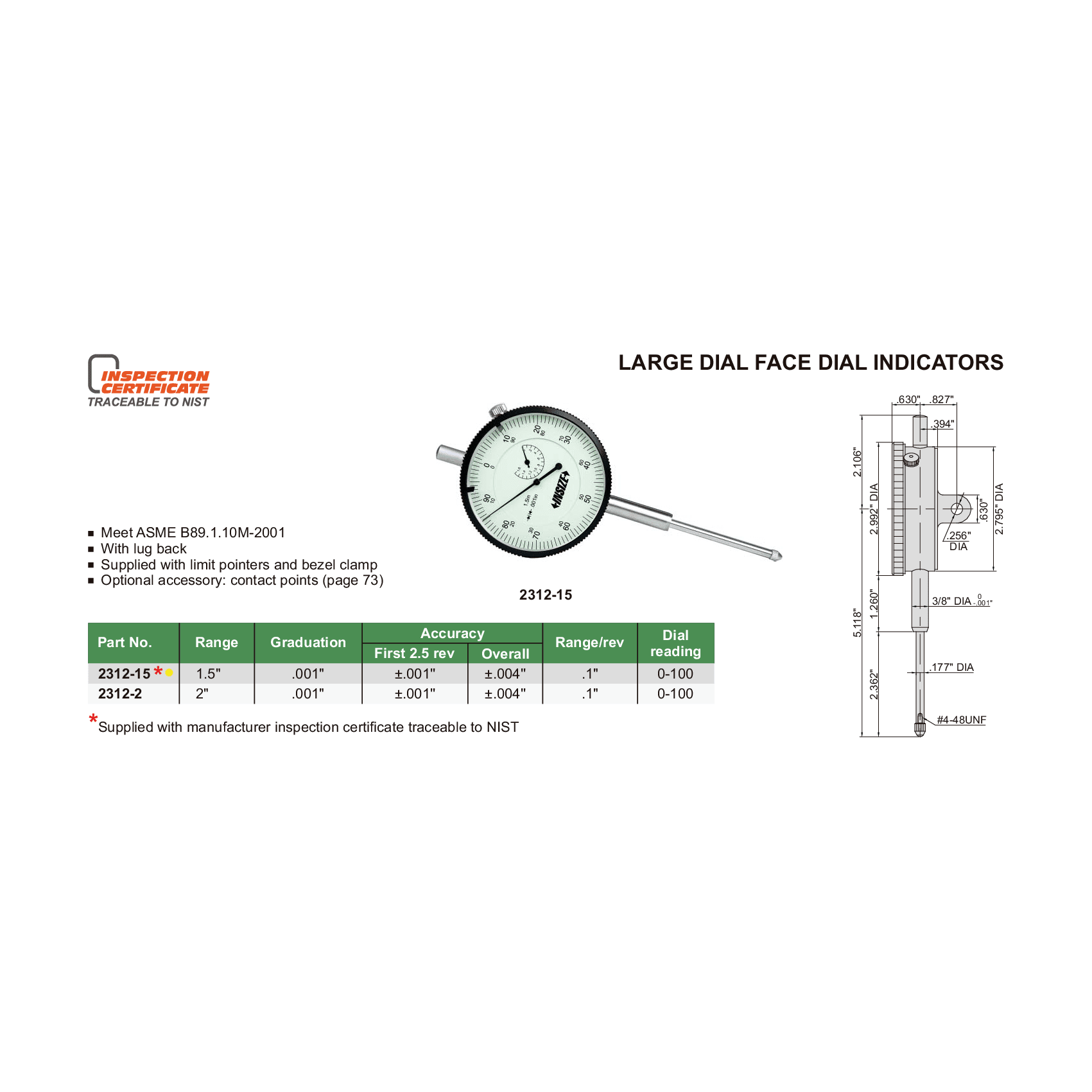 Insize Large Face Dial Indicator Range Series 2312-15 - Twin Eagle Imports