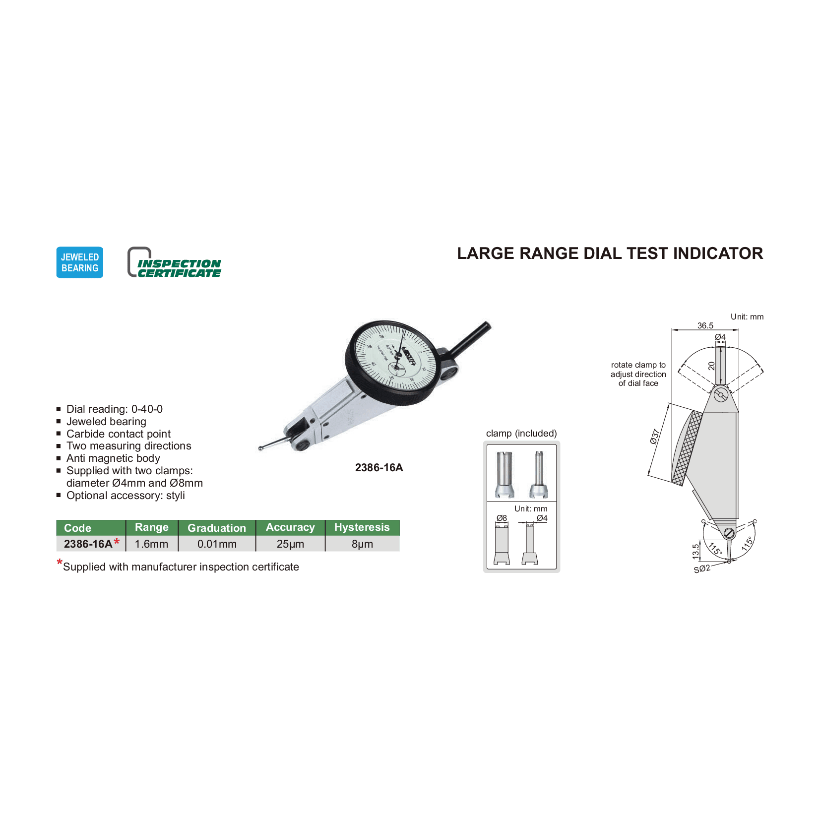 Insize Large Range Dial Test Indicator Range Series 2386-16A - Twin Eagle Imports