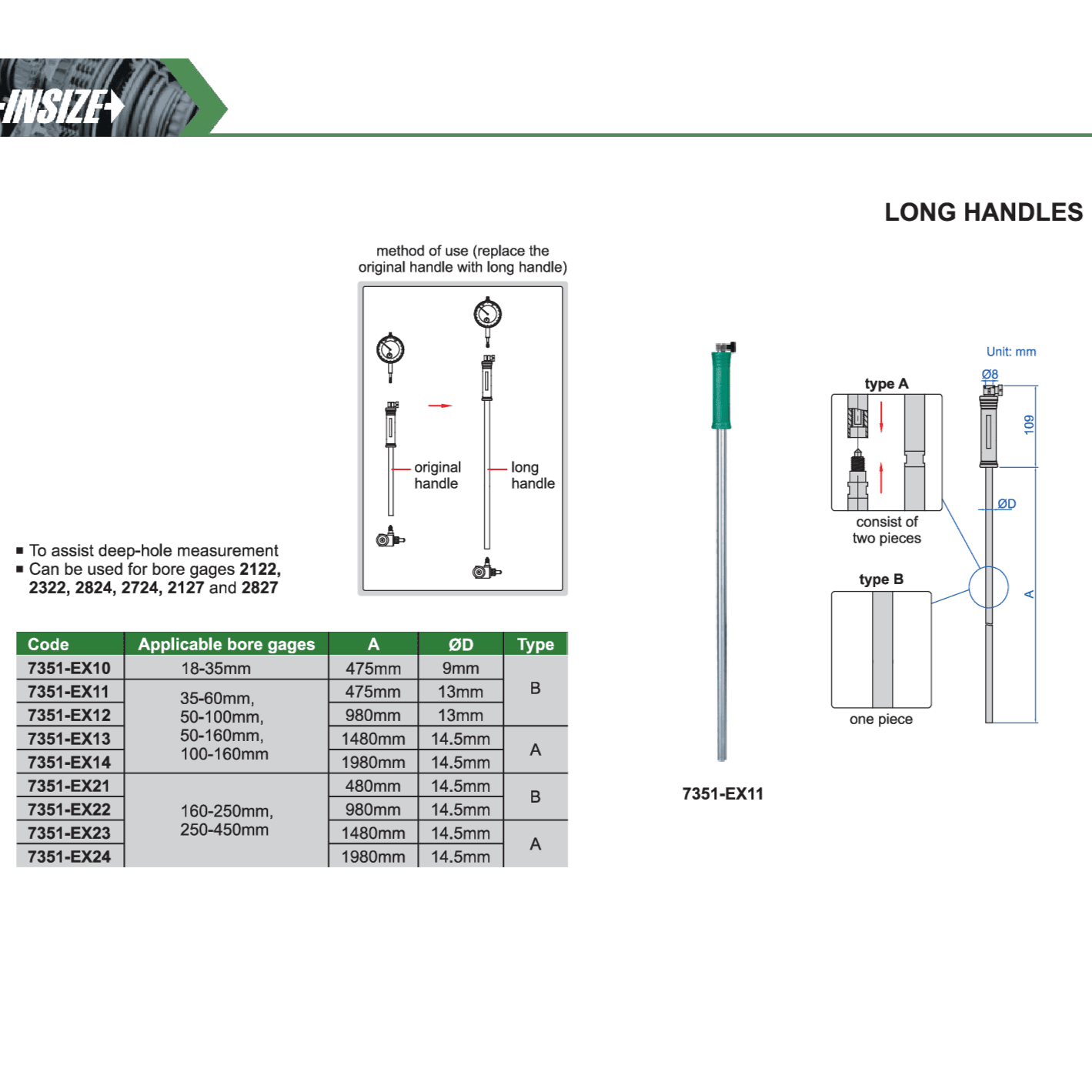 Insize Long Handle 1480mm × 14.5mm Series 7351-EX23 - Twin Eagle Imports