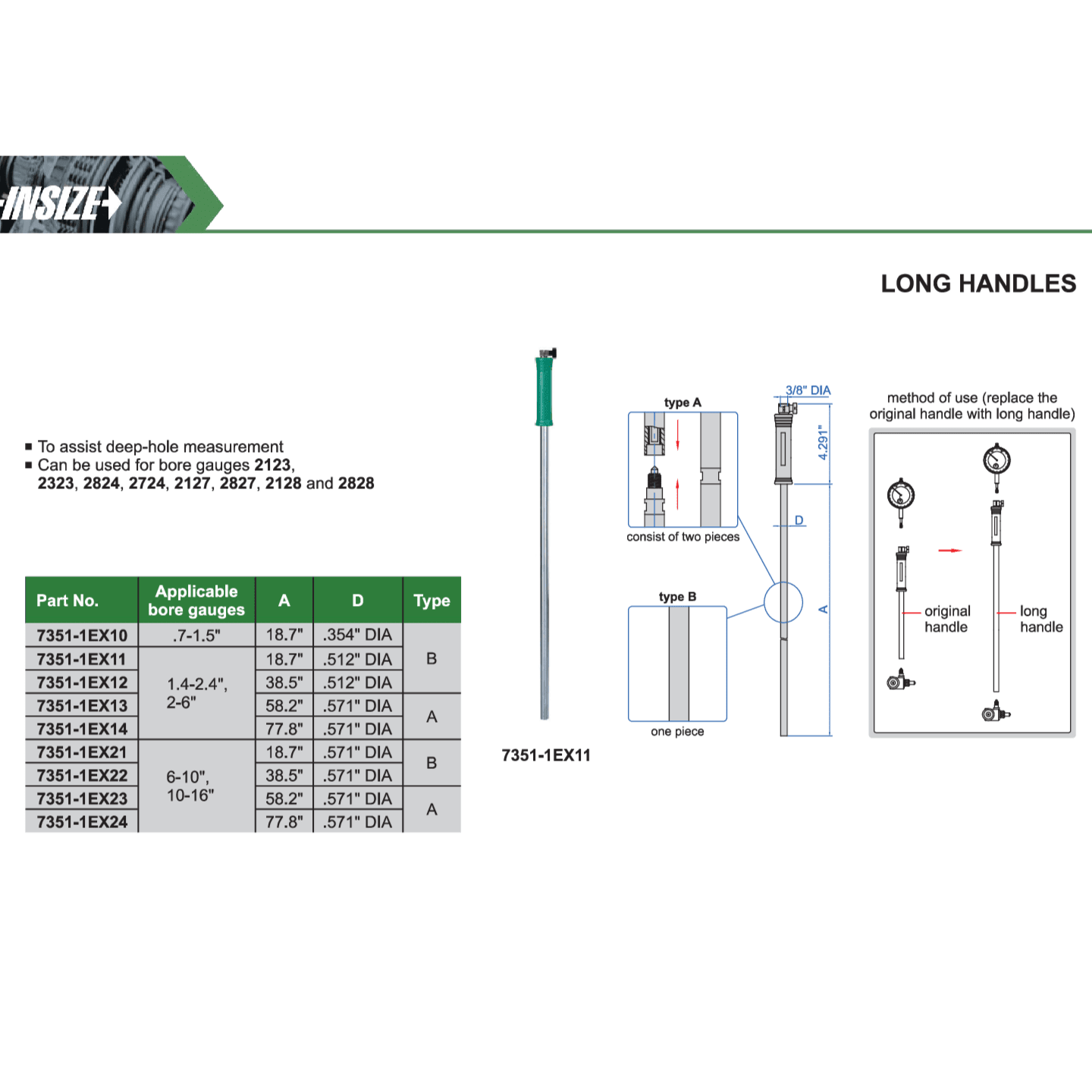 Insize Long Handle 38.5″ × 0.512″ Series 7351-1EX12 - Twin Eagle Imports