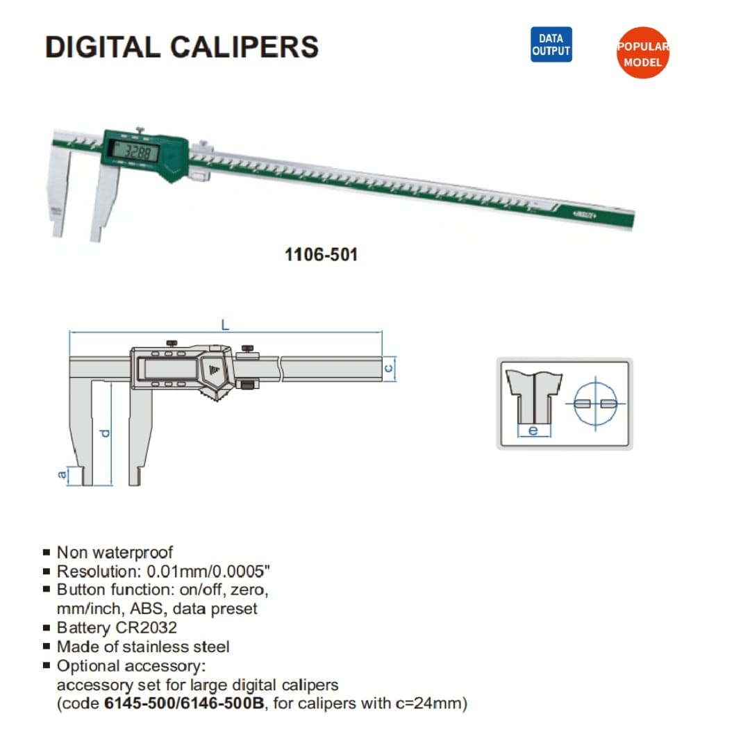 Insize Long Jaw Digital Caliper 0-2000mm / 0-80" Range Series 1106-2002 - Twin Eagle Imports