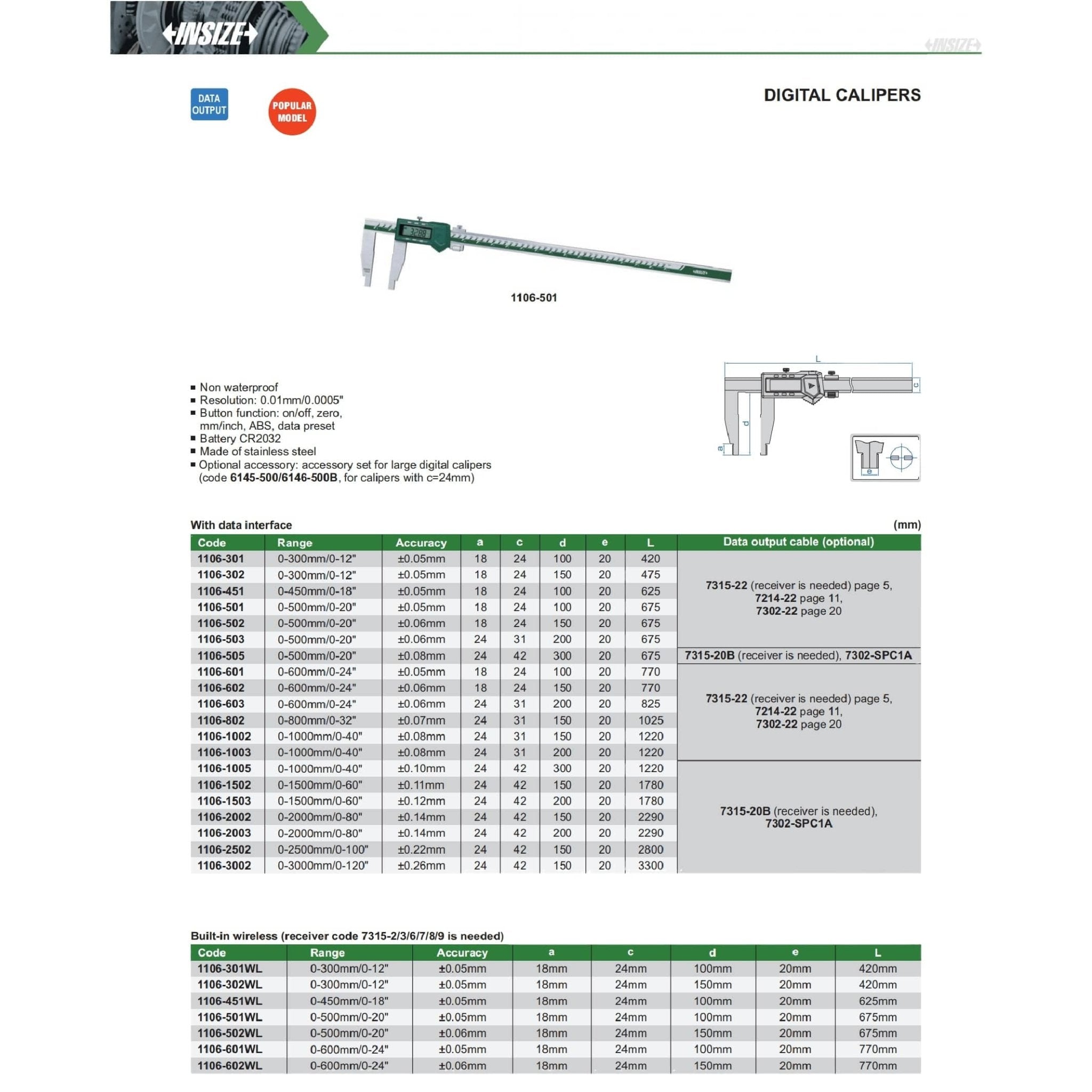 Insize Long Jaw Digital Caliper 0–800 mm / 0–32" Range (Jaw L 150 mm) Series 1106-802 - Twin Eagle Imports