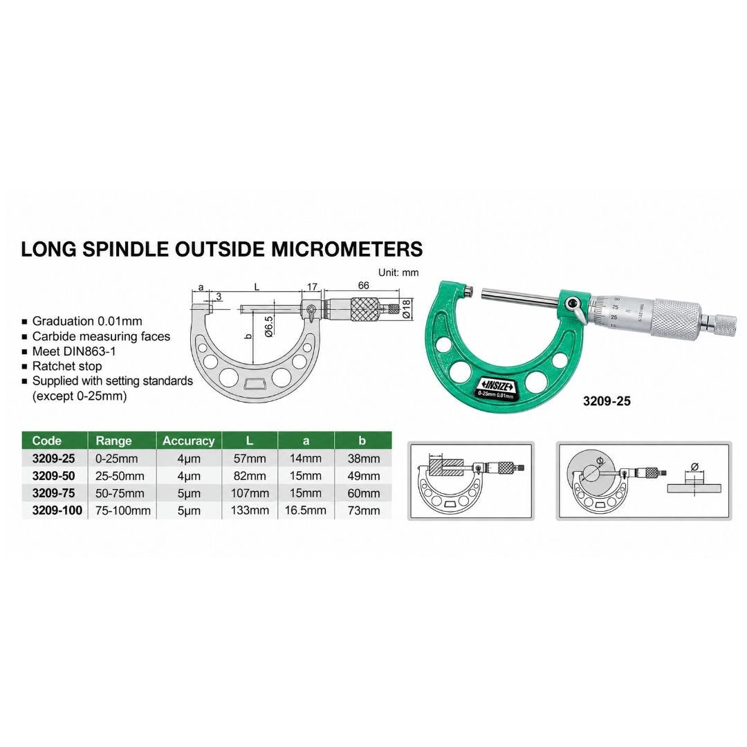 Insize Long Spindle Outside Micrometer 0-25mm Range Series 3209-25 - Twin Eagle Imports