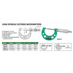 Insize Long Spindle Outside Micrometer 0-25mm Range Series 3209-25 - Twin Eagle Imports