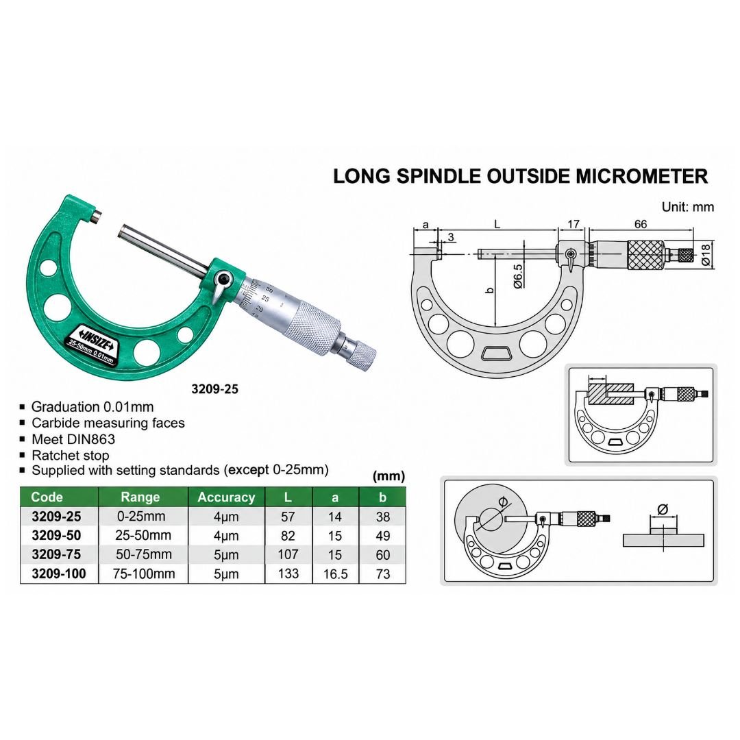 Insize Long Spindle Outside Micrometer 25-50mm Range Series 3209-50 - Twin Eagle Imports