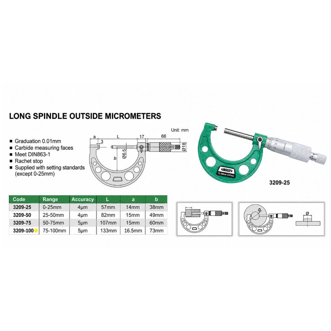 Insize Long Spindle Outside Micrometer 75-100mm Range Series 3209-100 - Twin Eagle Imports