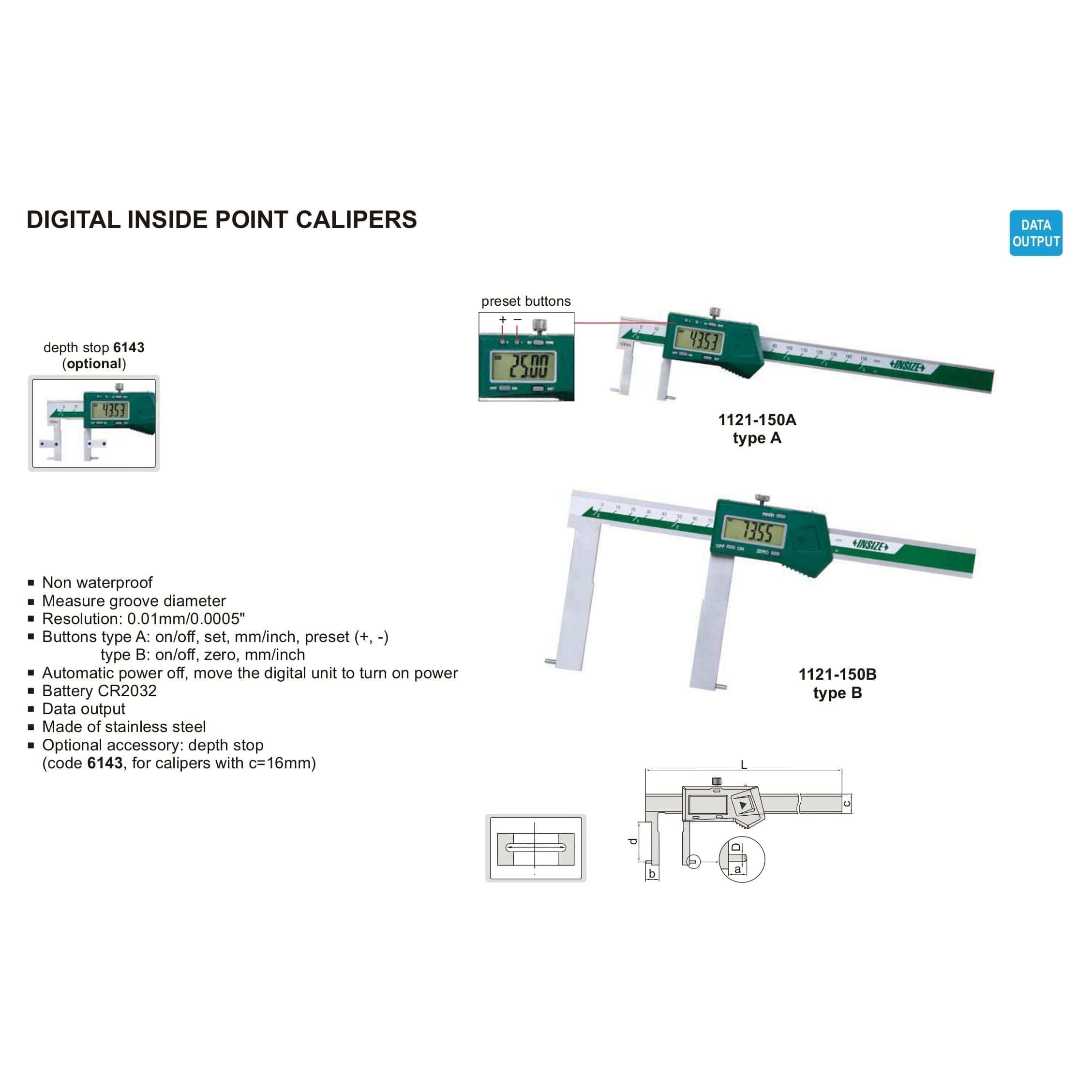 INSIZE Manufacturing Insize Digital Inside Point Caliper 25-200mm Range Series 1121-200A