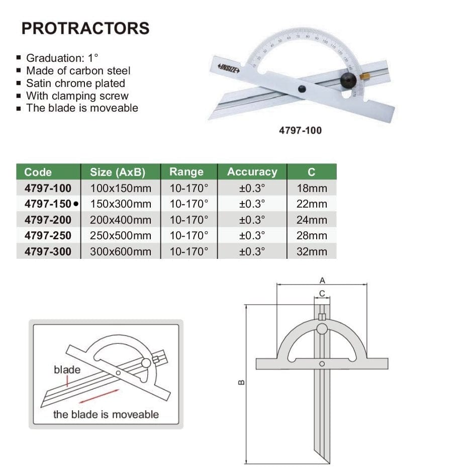 INSIZE Measuring Equipment Insize 170° Protractor 150x300mm Range Series 4797-150