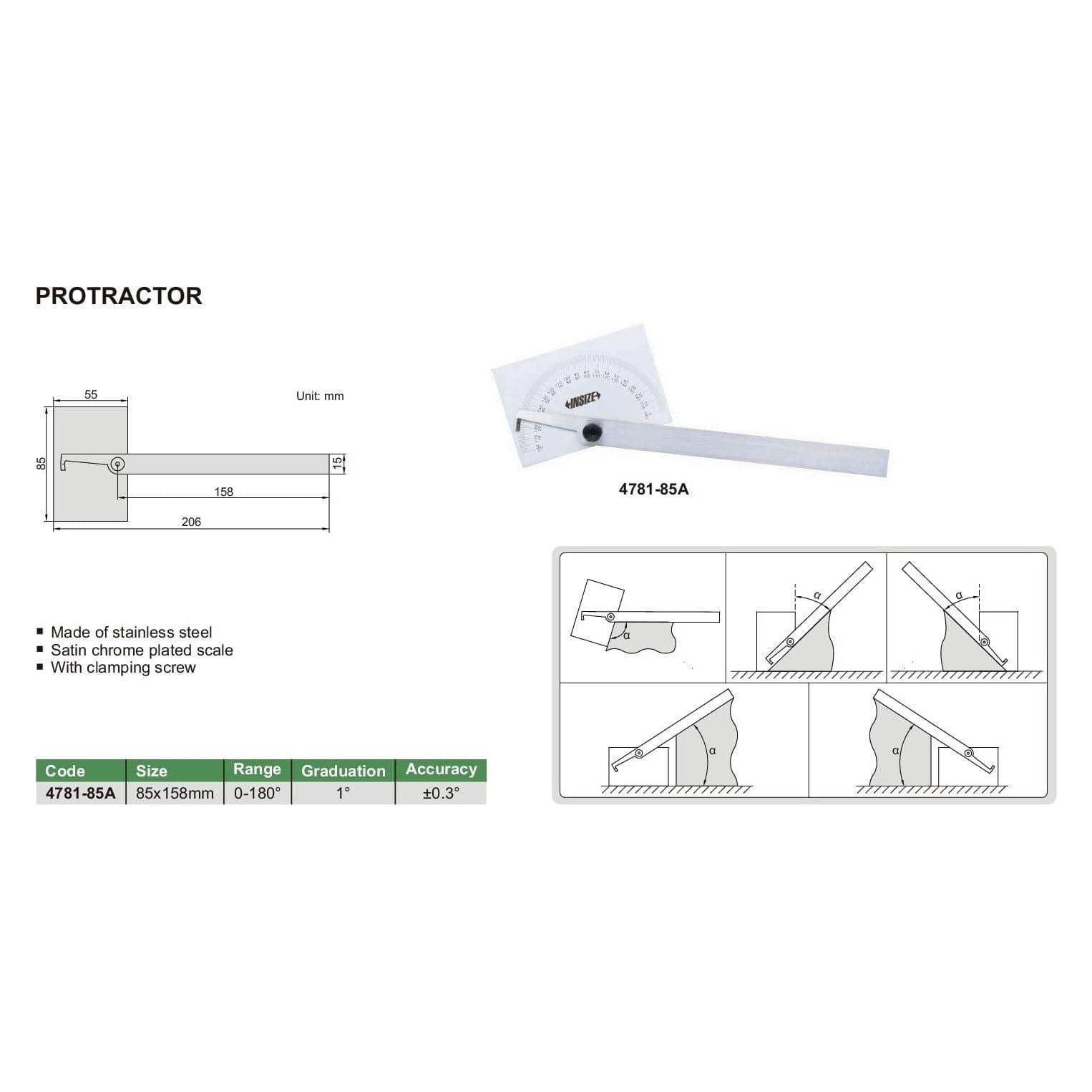 INSIZE Measuring Equipment Insize 180° Protractor Range Series 4781-85 *Sold Out*