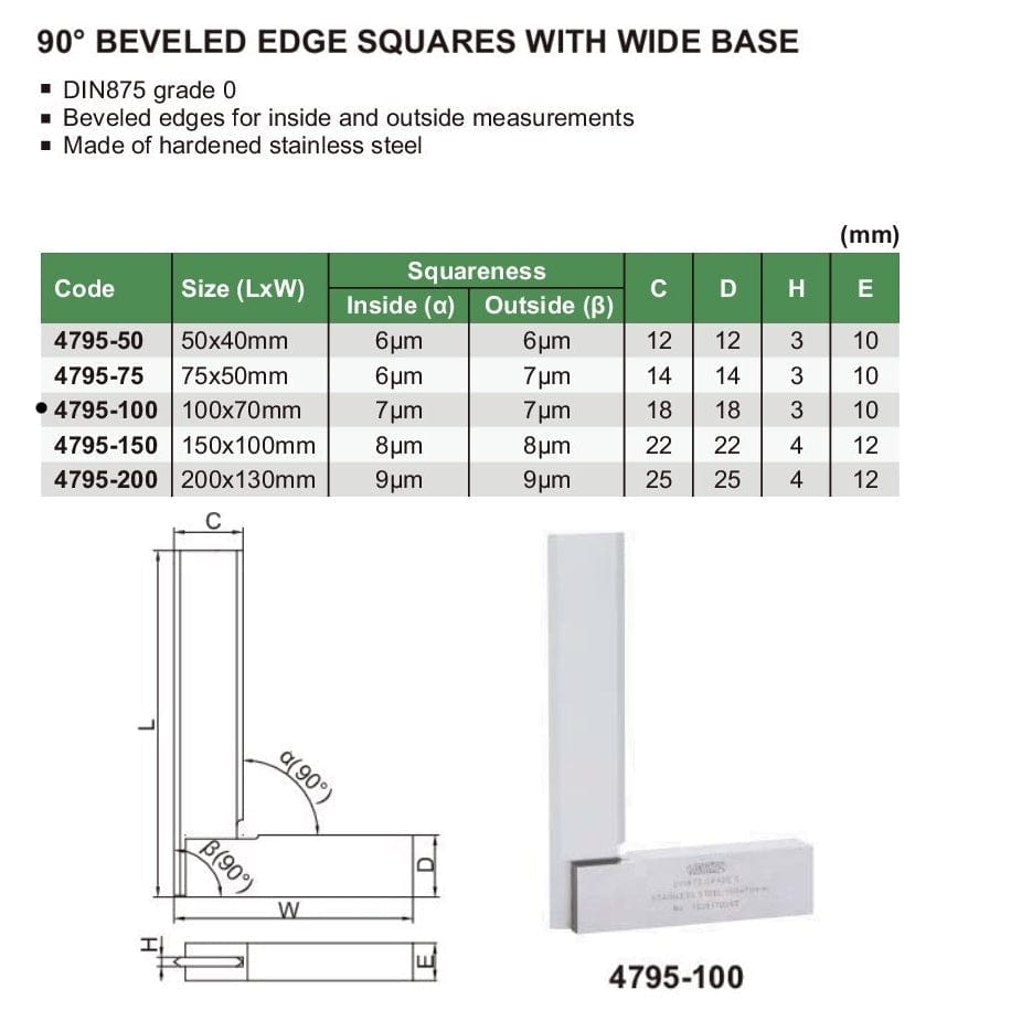 INSIZE Measuring Equipment Insize 90° Bevelled Edge Square 100x70mm Range Series 4795-100