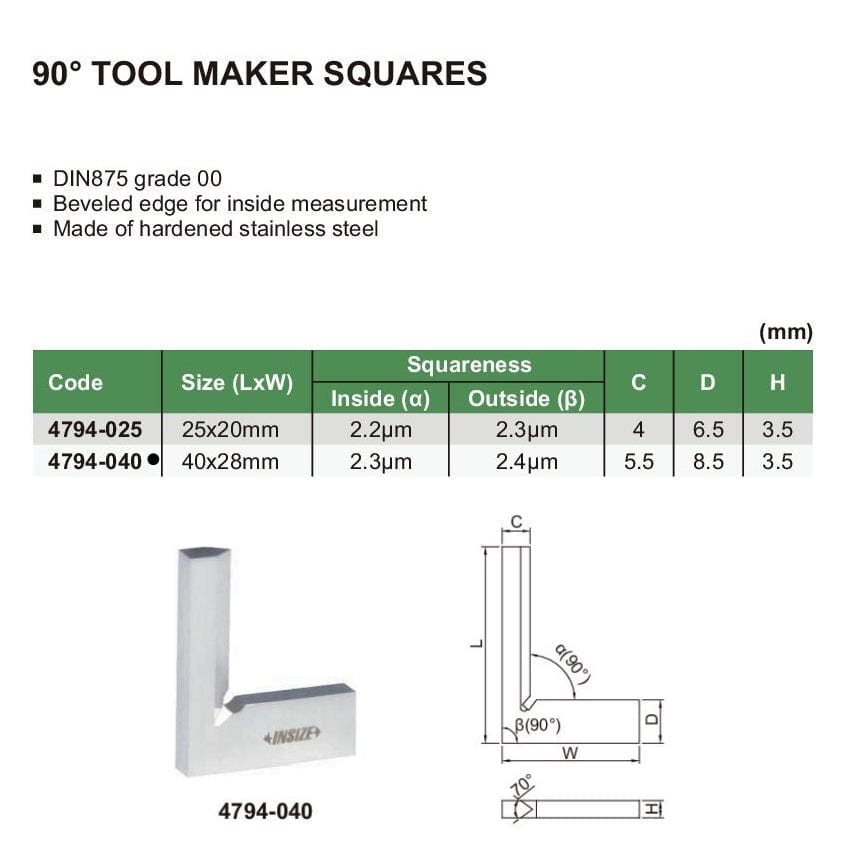 INSIZE Measuring Equipment Insize 90° Toolmakers Square 40x28mm Range Series 4794-040