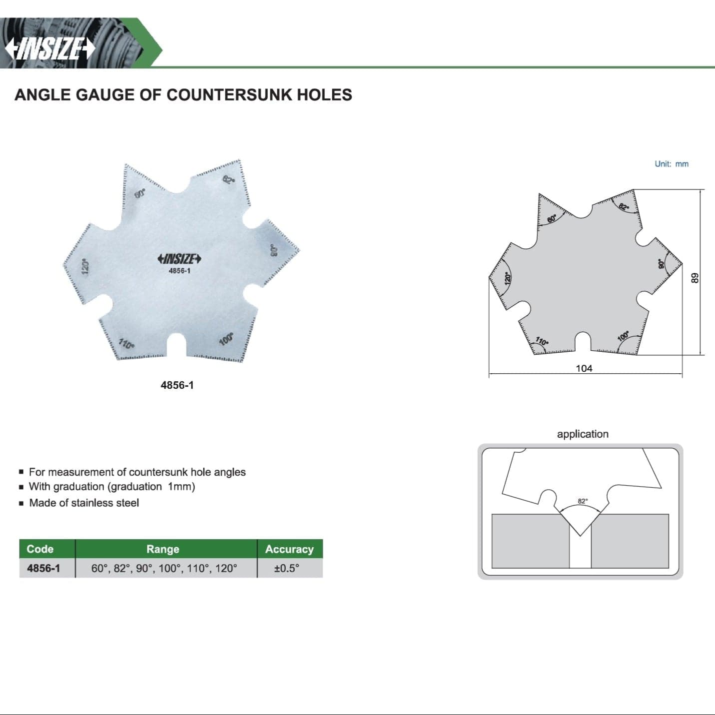 INSIZE Measuring Equipment Insize Angle Gauge of Countersunk Holes Series 4856-1