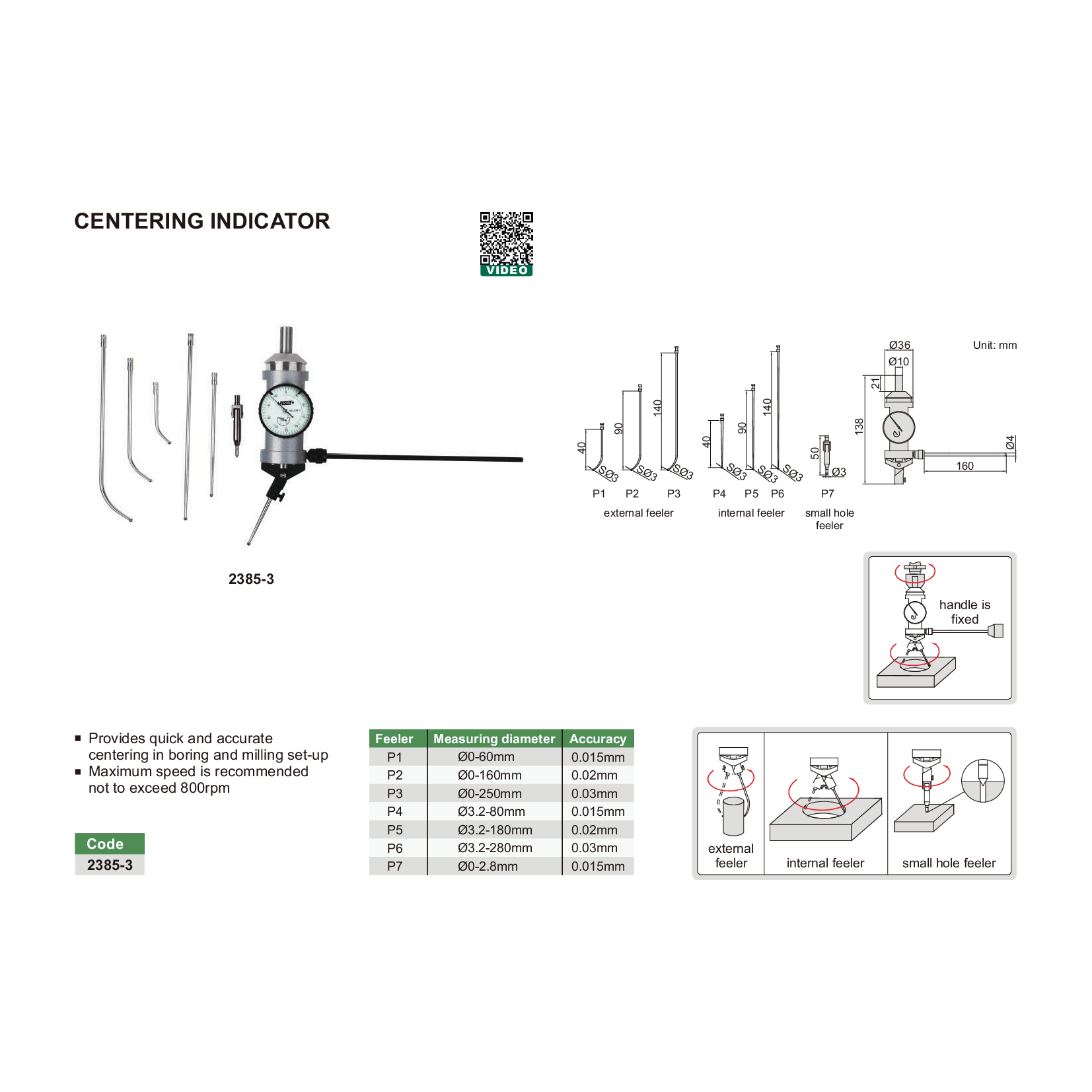 INSIZE Measuring Equipment Insize Centering Indicator 0-3mm x 0.01mm Range Series 2385-3