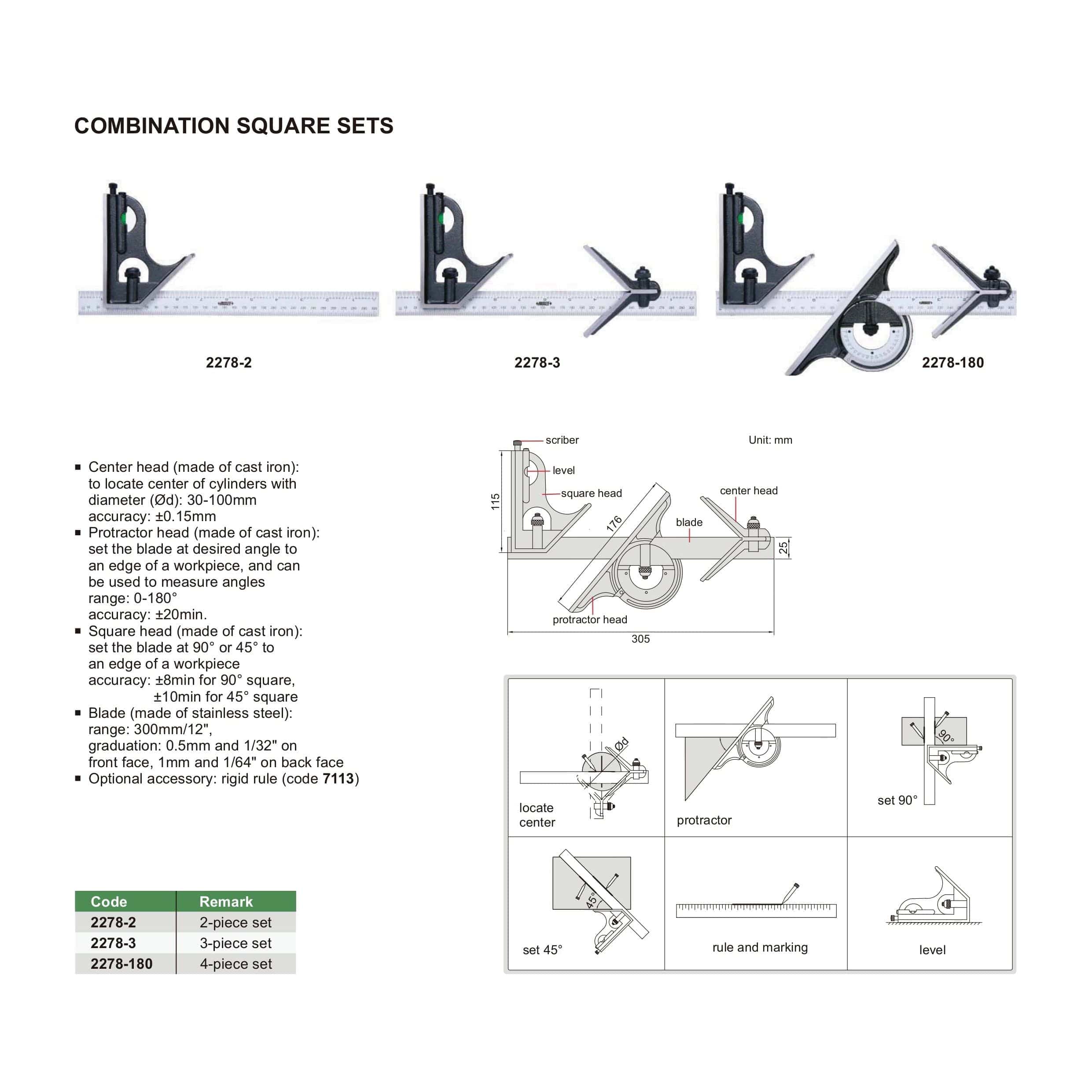 INSIZE Measuring Equipment Insize Combination Square Set Layout Solution 2278-3