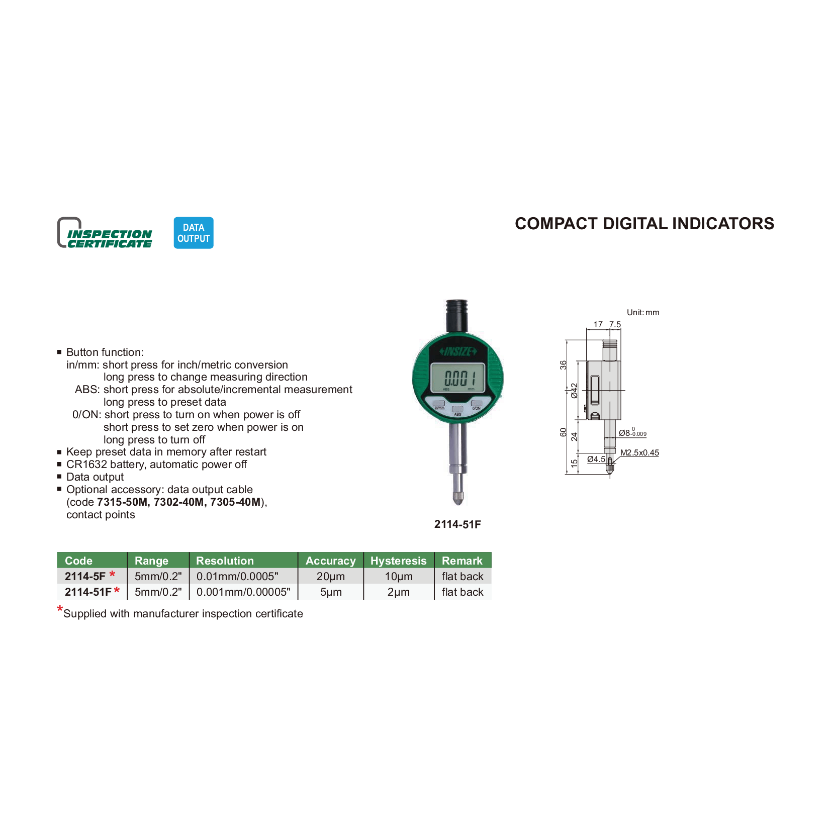 INSIZE MEASURING EQUIPMENT Insize Compact Digital Indicator 5 mm Series 2114-5F