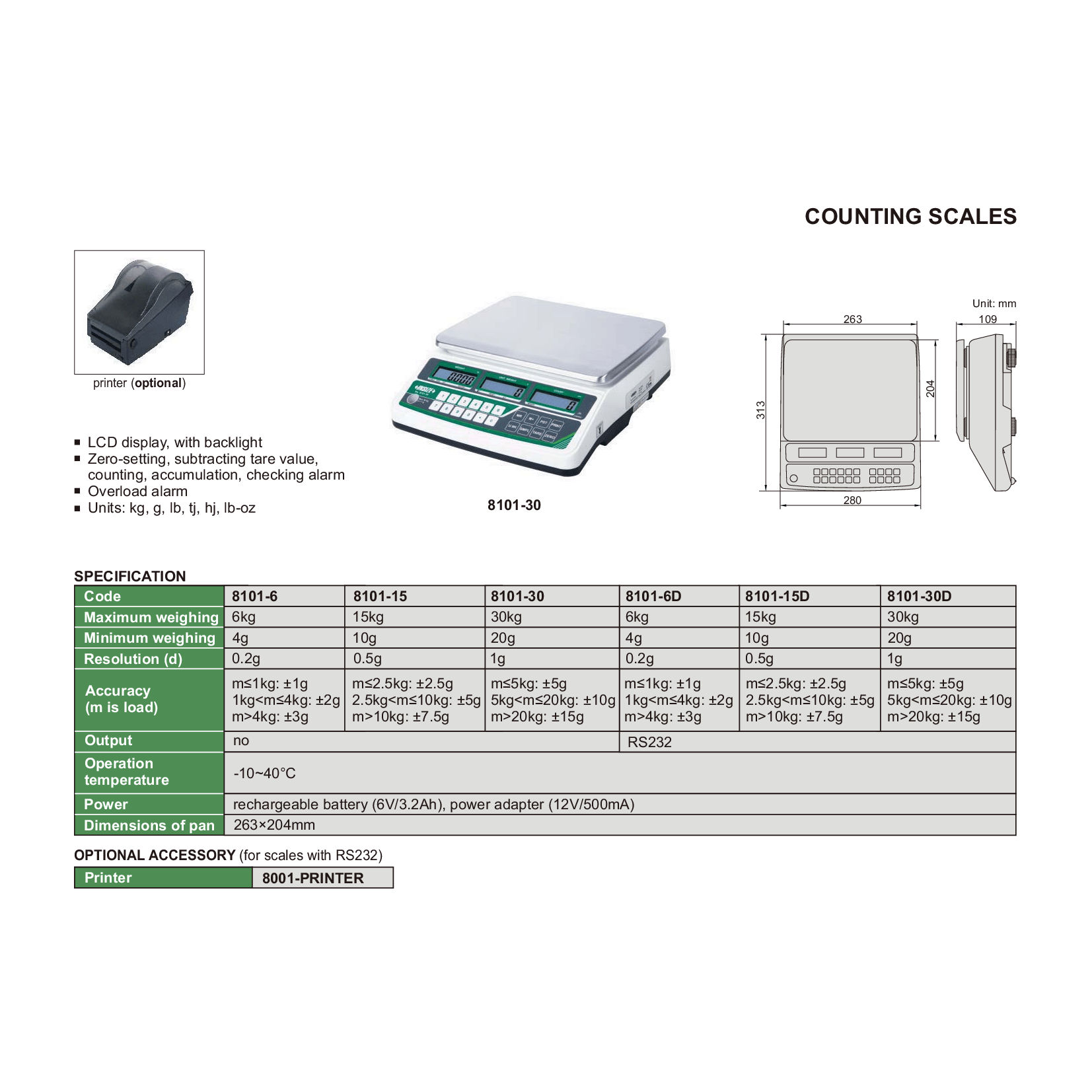 INSIZE MEASURING EQUIPMENT Insize Counting Scale 30 kg with LCD Backlight Series 8101-30