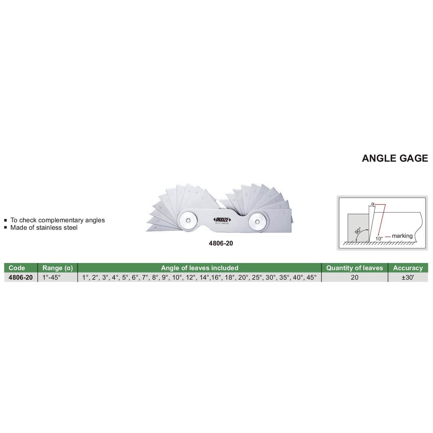 INSIZE Measuring Equipment Insize Degree Angle Gauge 1°-45° Range Series 4806-20