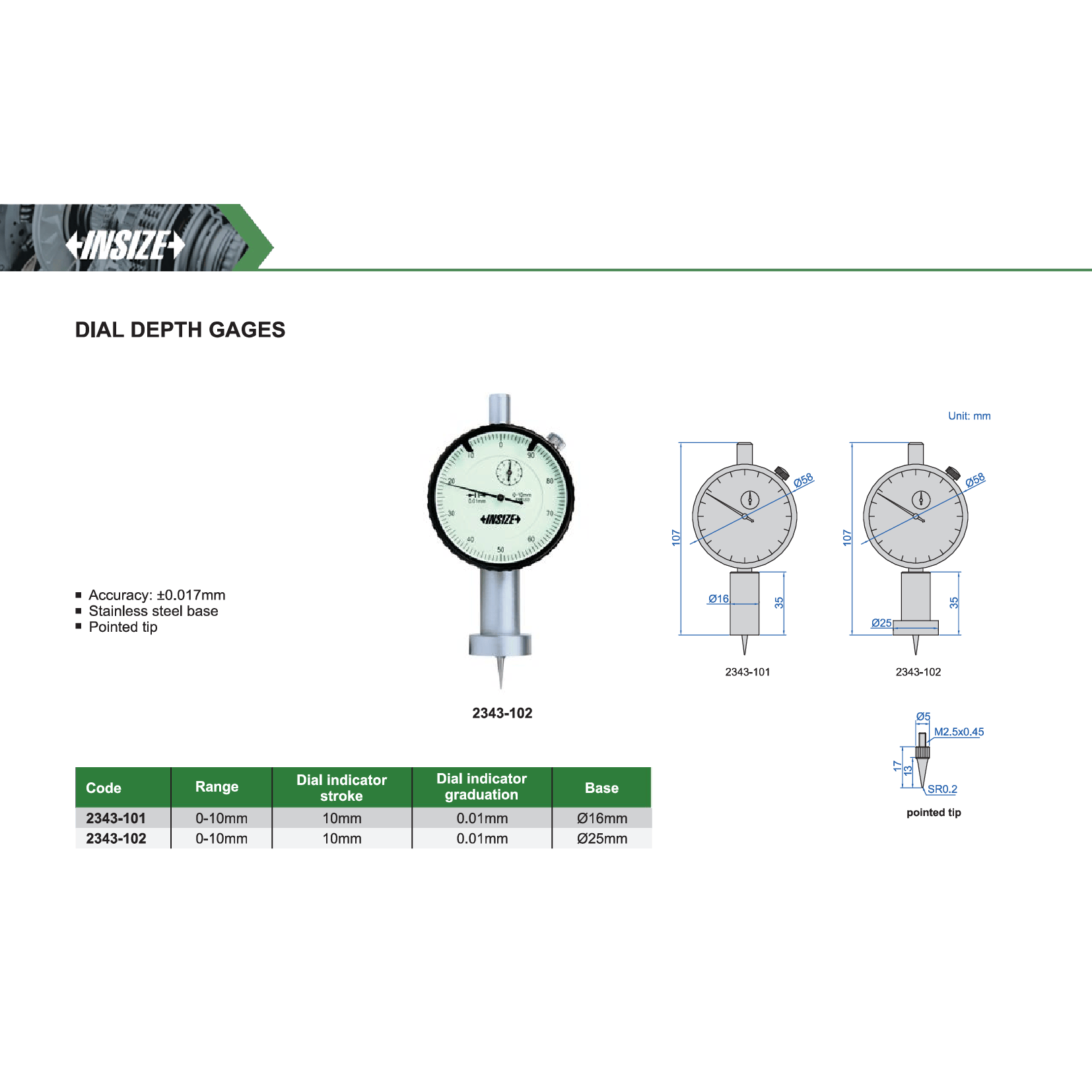 INSIZE Measuring Equipment Insize Dial Depth Gauge 0-10mm x 0.01mm Range Series 2343-102